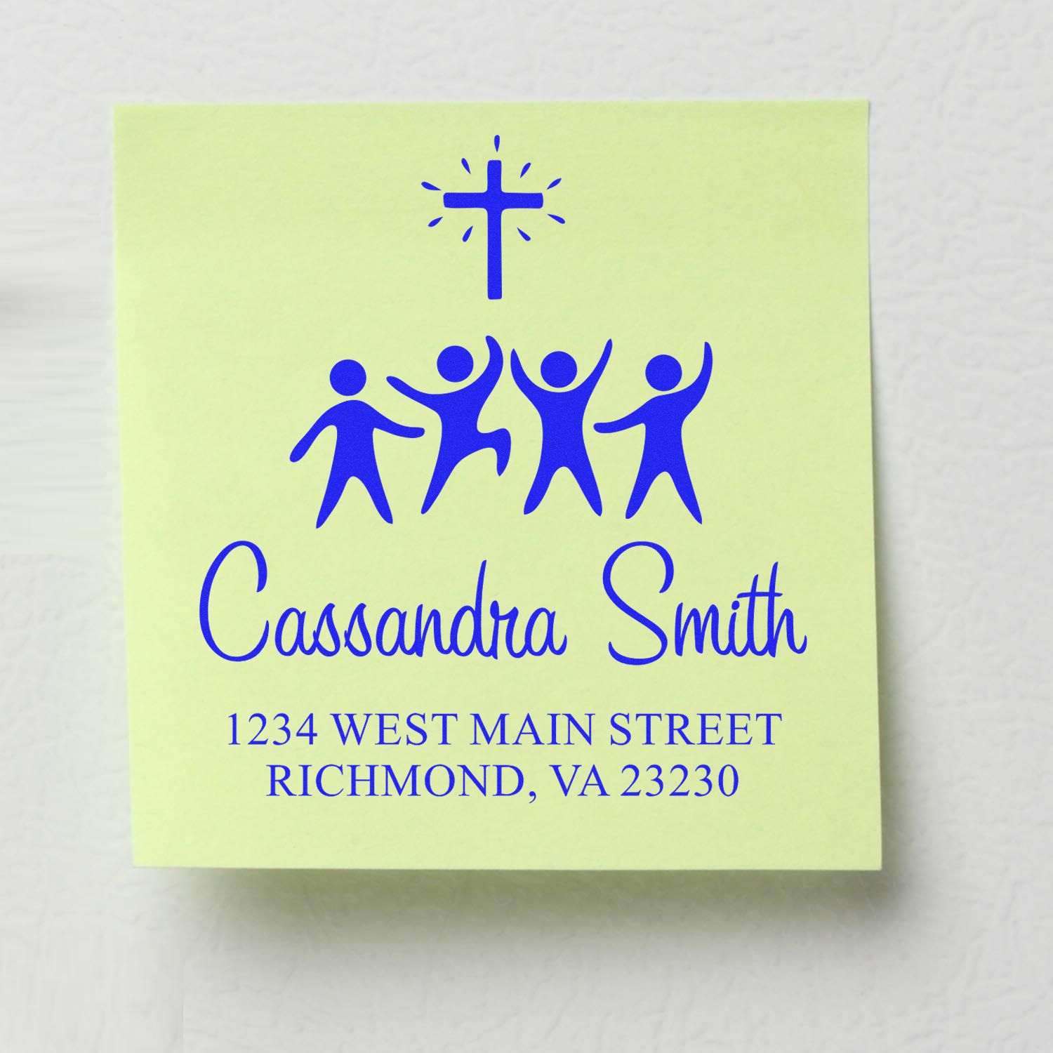 Custom church rubber stamp with cross and worshipers, personalized name and address stamp for Cassandra Smith, Richmond, VA.