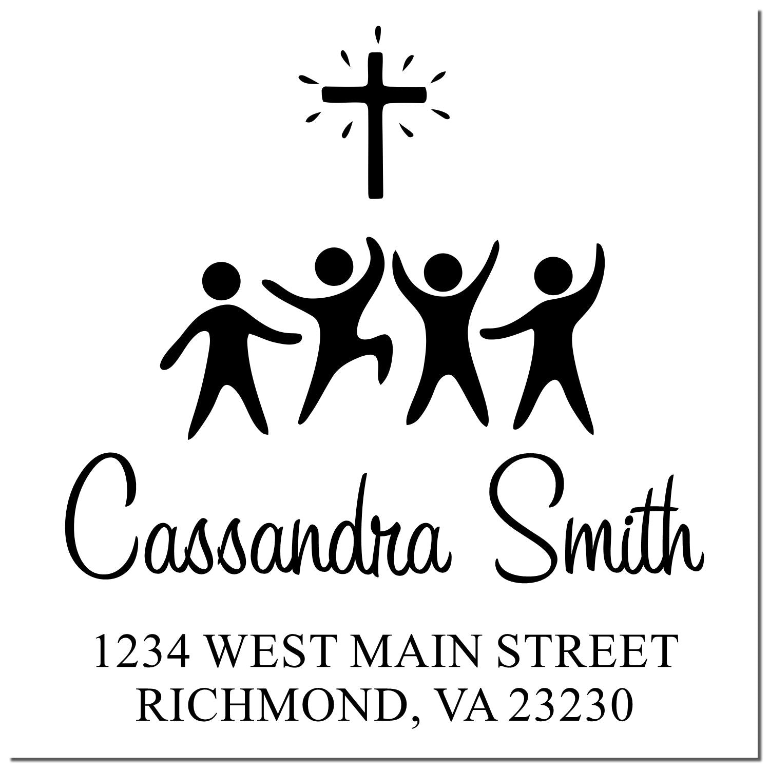 Custom church rubber stamp with cross, worship figures, and Cassandra Smith's name and Richmond, VA address.