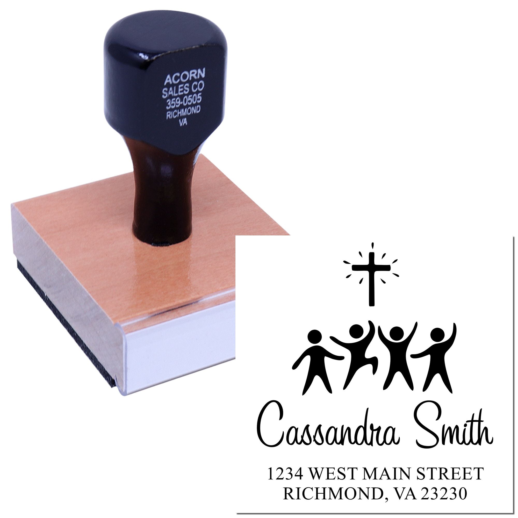 Custom church rubber stamp with cross and people logo for Cassandra Smith, featuring name and Richmond, VA address.