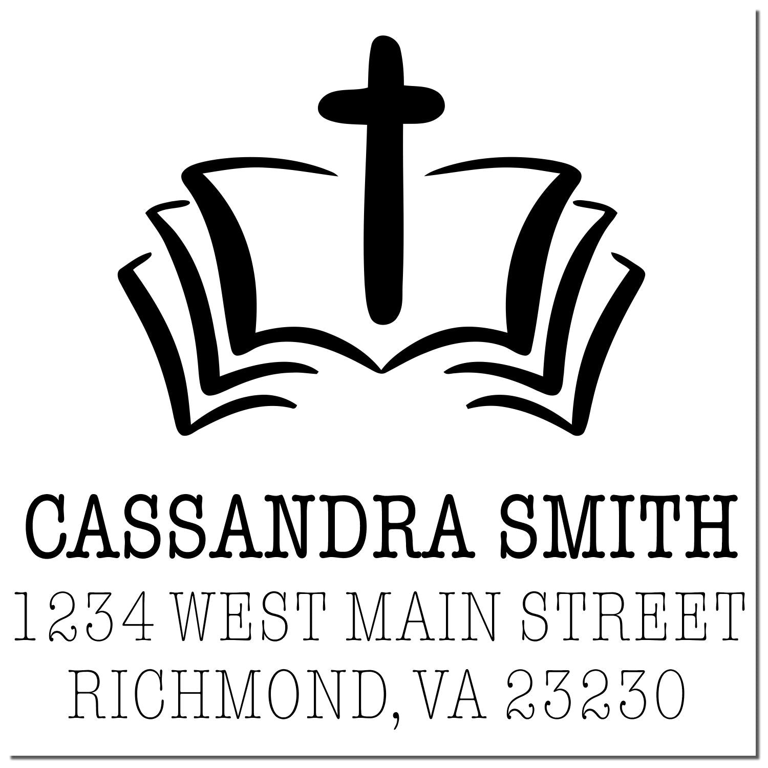 Custom address rubber stamp with book and cross emblem, featuring Cassandra Smiths personalized return address.