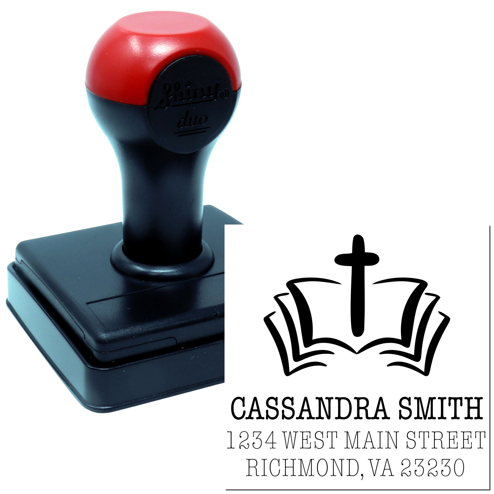 Custom self-inking rubber stamp for return address labels, featuring book and cross logo for Cassandra Smith