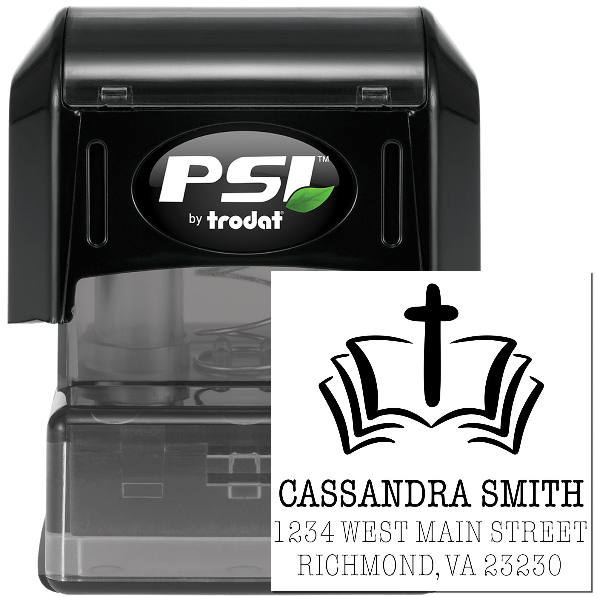Custom self-inking PSI by Trodat rubber stamp with church logo, name, and address for return mailing and office use.