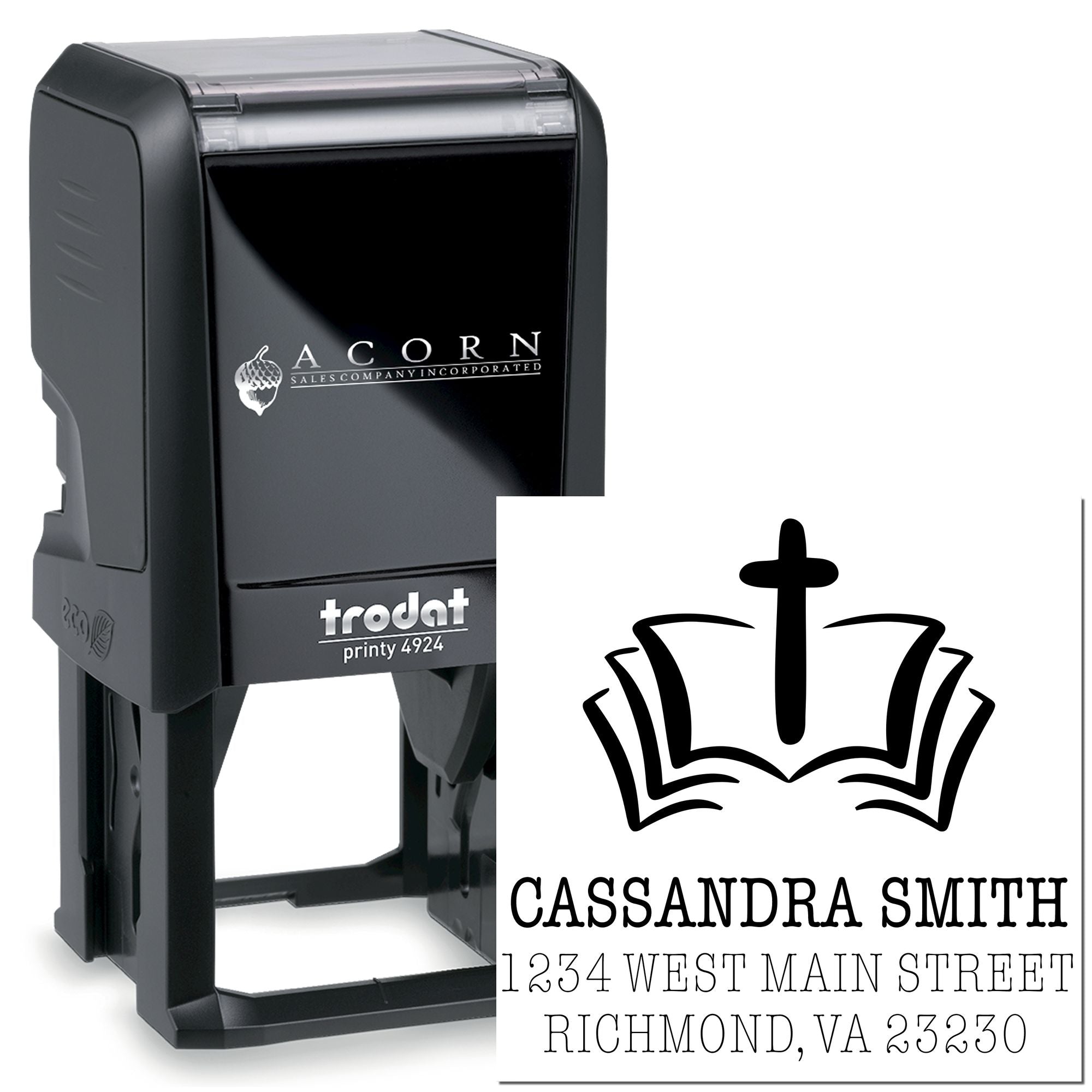 Custom church address rubber stamp, self-inking Trodat Printy 4924, with logo, name, and mailing address.