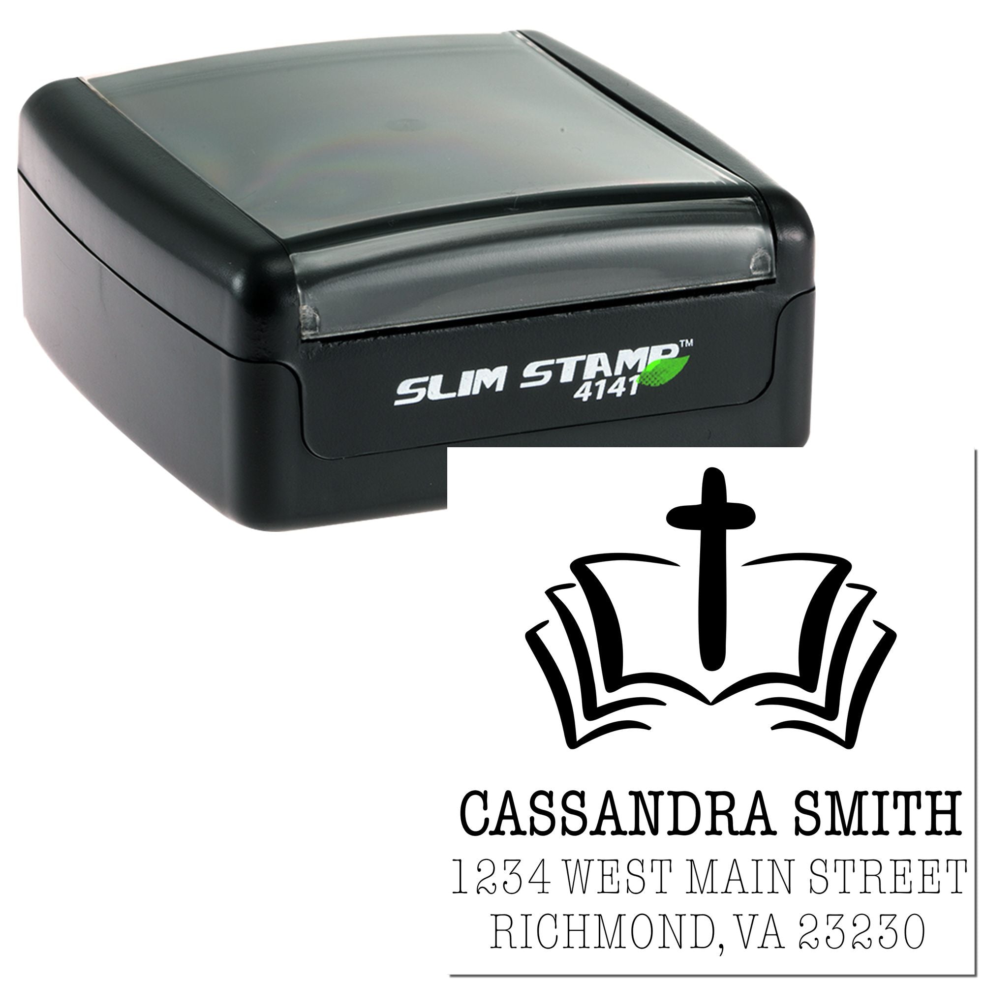 Personalized self-inking rubber stamp with church logo and return address for Cassandra Smith, Richmond VA.