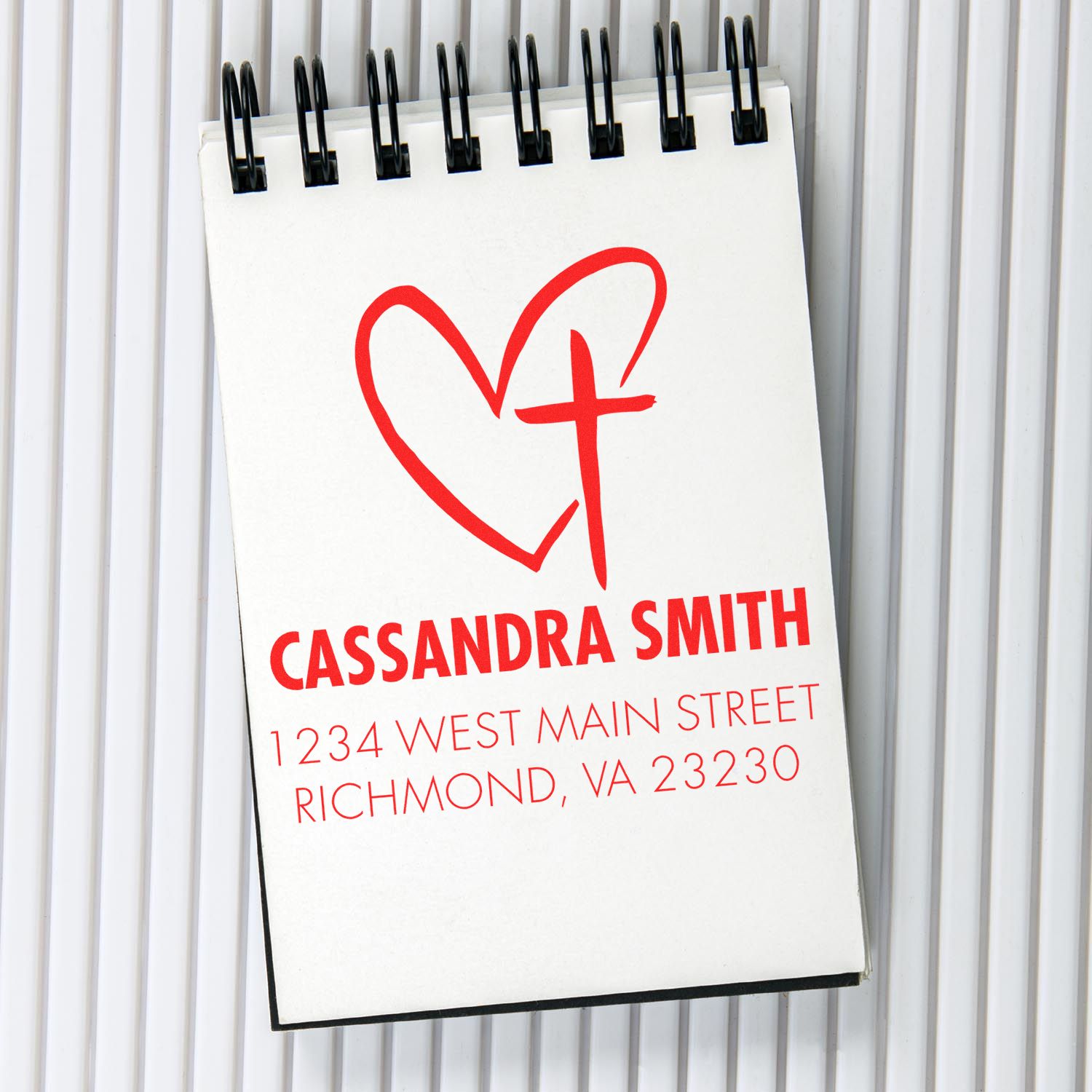 Custom personalized return address rubber stamp with heart cross logo, Cassandra Smith, Richmond, VA.