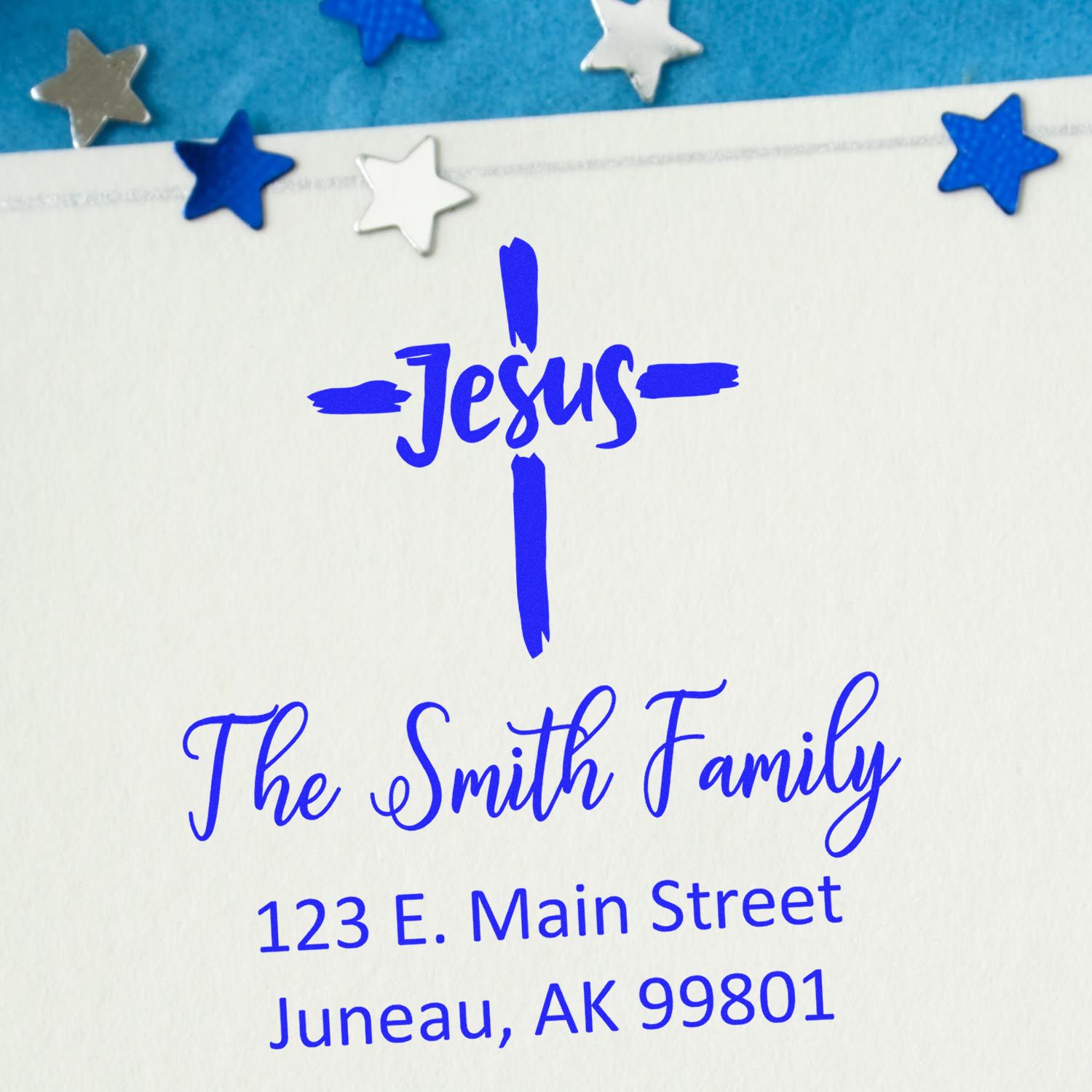 Personalized Christian return address rubber stamp with Jesus cross, The Smith Family, and Juneau, AK address.