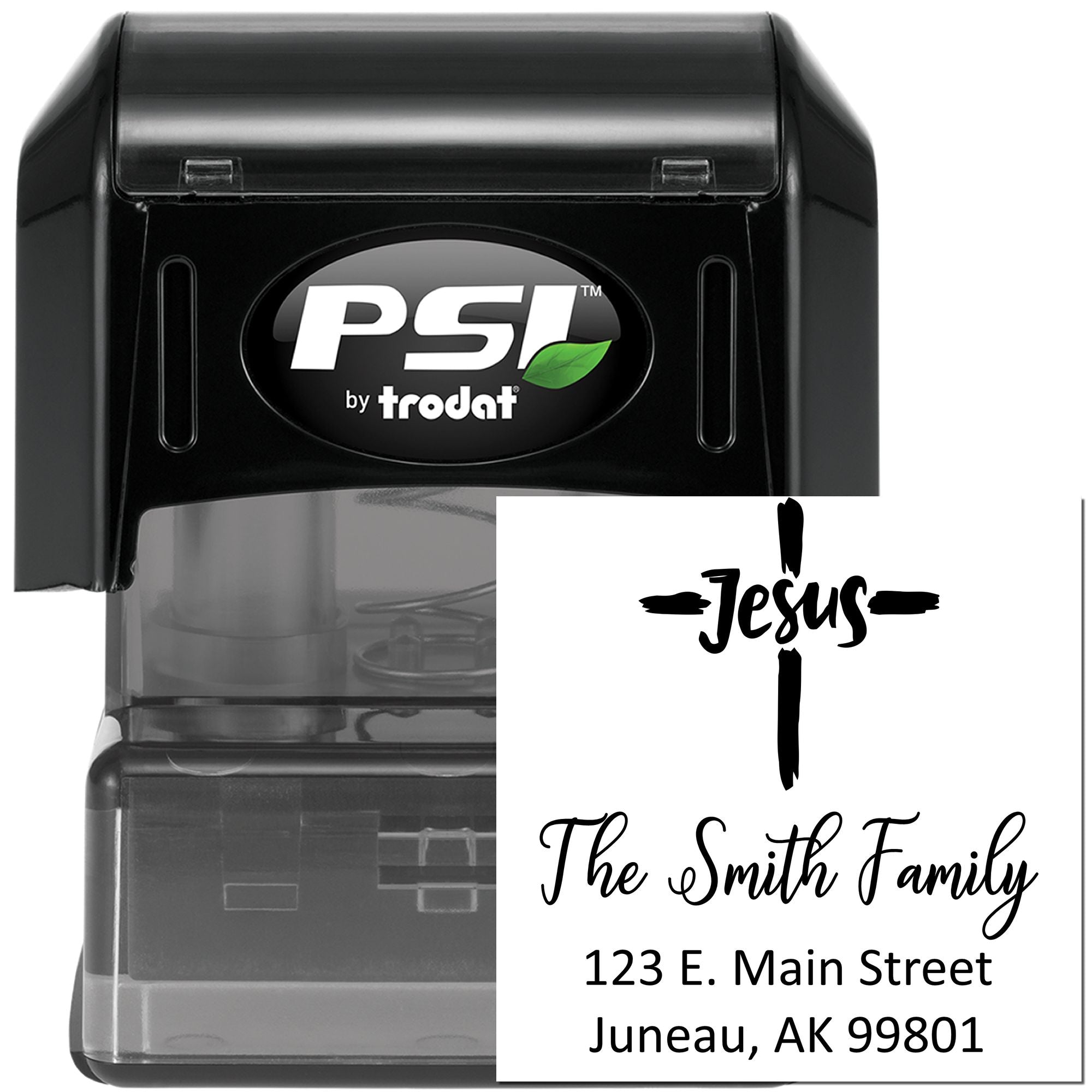 Custom self-inking rubber address stamp by PSI Trodat with Jesus cross design, The Smith Family, and return address.