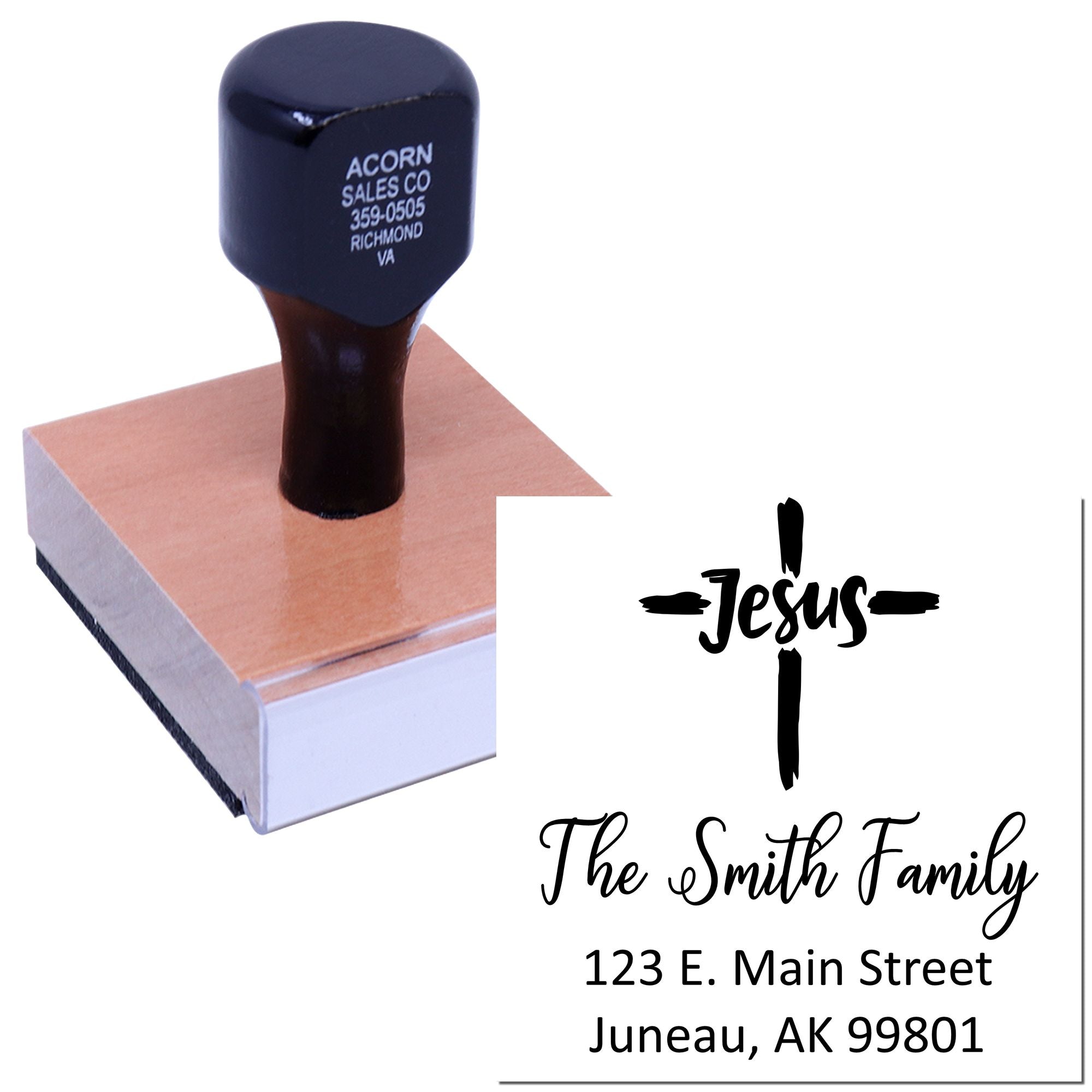 Personalized address rubber stamp with Jesus cross design for church stationery and family mail.