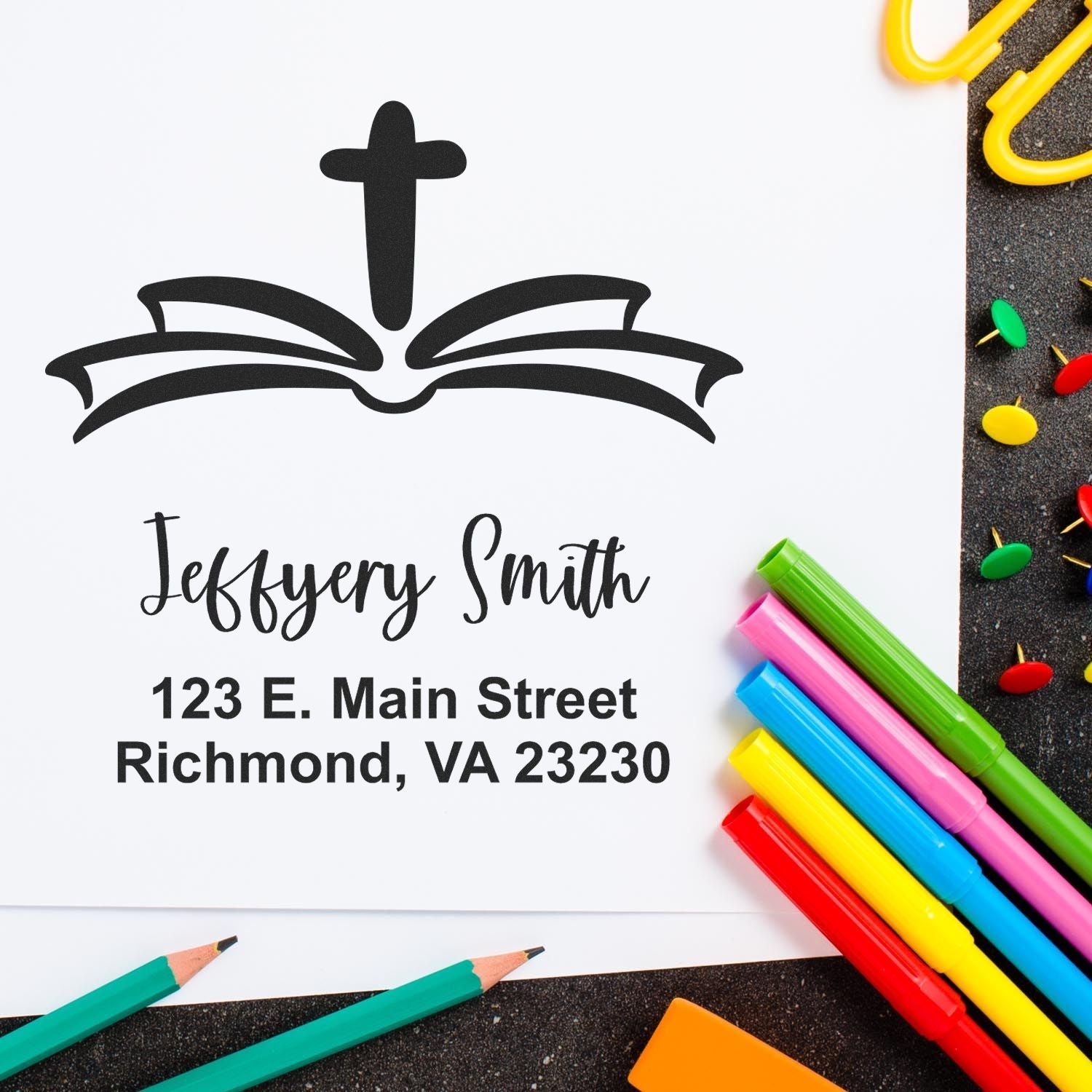 Custom church address rubber stamp with Bible cross logo for Jeffery Smith, 123 E. Main Street, Richmond, VA 23230.