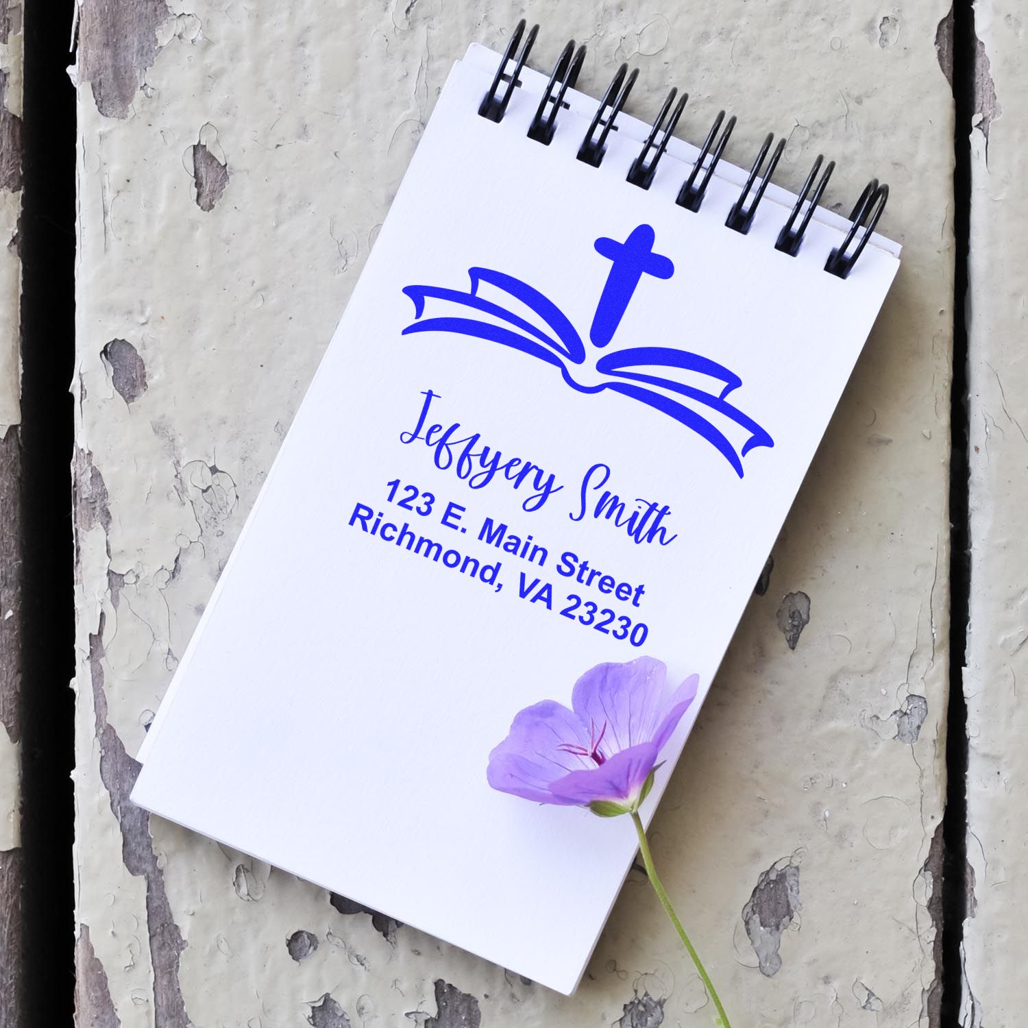 Custom church address rubber stamp design with Bible and cross logo for Jeffrey Smith, Richmond, VA.