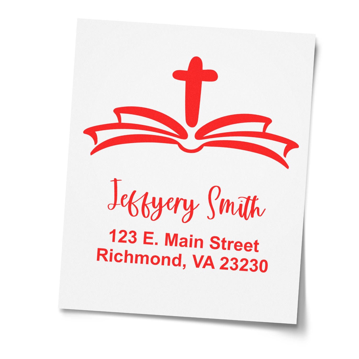 Custom Christian address rubber stamp with open Bible and cross, personalized for Jeffery Smith, Richmond, VA 23230.