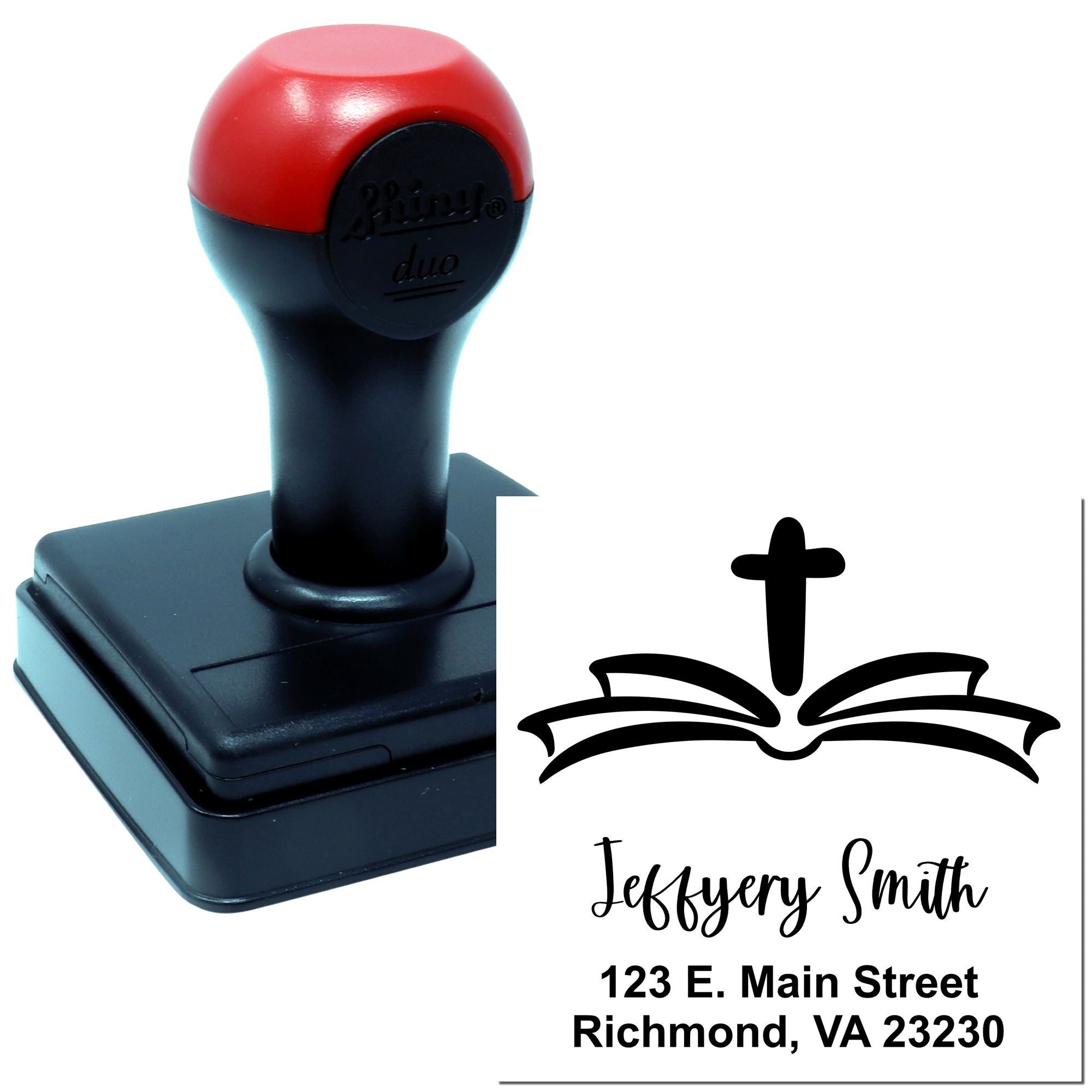 Custom address rubber stamp with logo, name, and Richmond, VA mailing address.