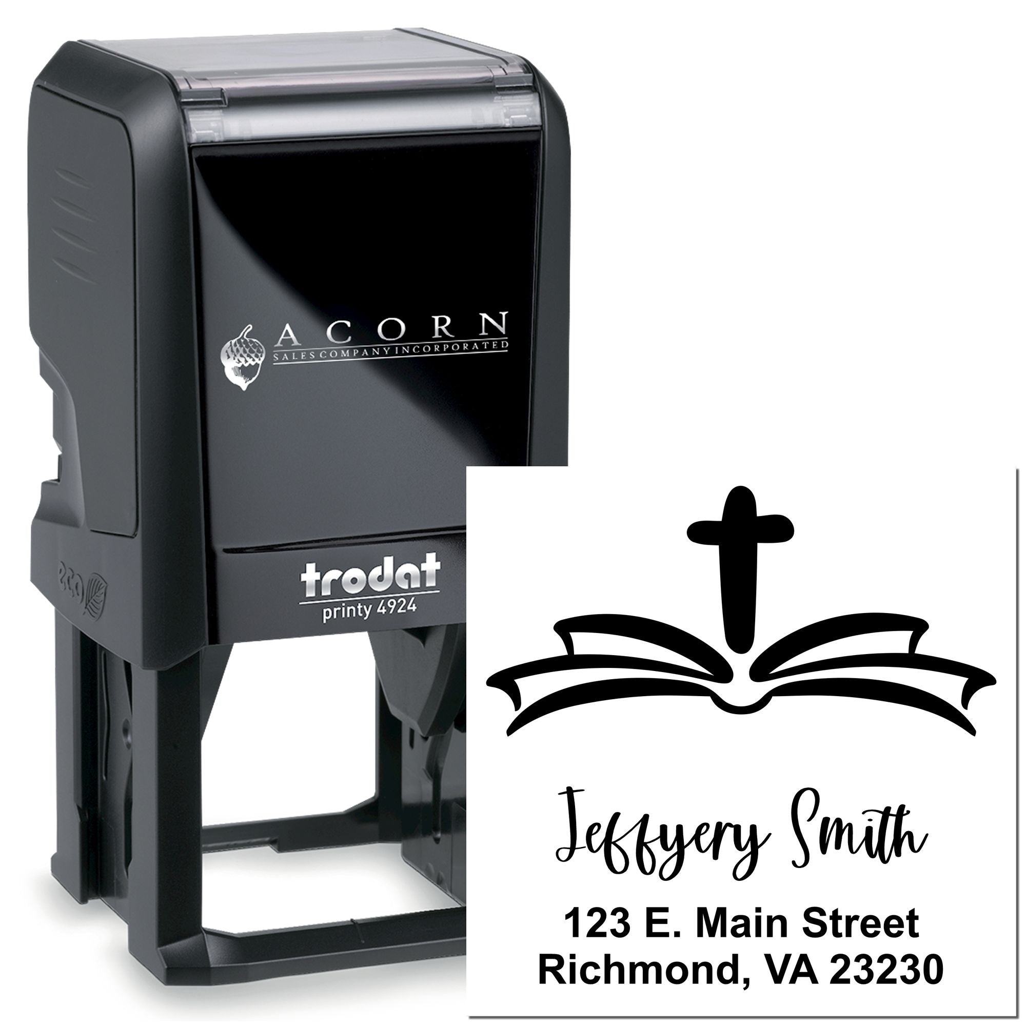 Custom self-inking church rubber stamp with cross logo, personalized name, and address for mailing labels.