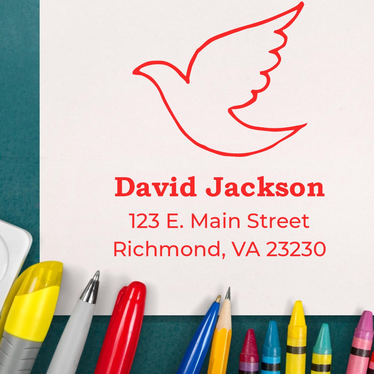 Custom return address rubber stamp with dove logo, name, and Richmond, VA address for personalized stationery and envelopes.