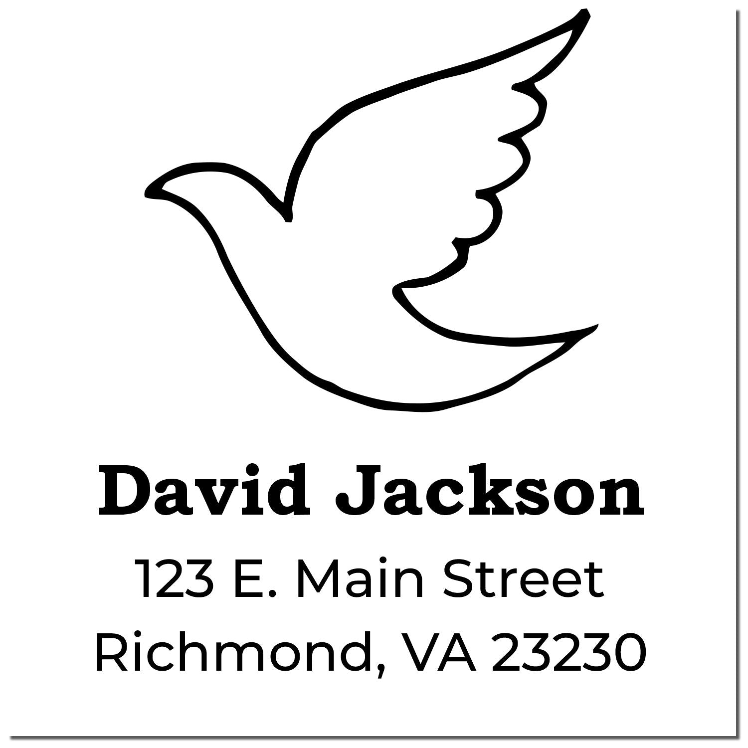 Custom rubber stamp with dove logo, David Jackson name, and address: 123 E. Main Street, Richmond, VA 23230