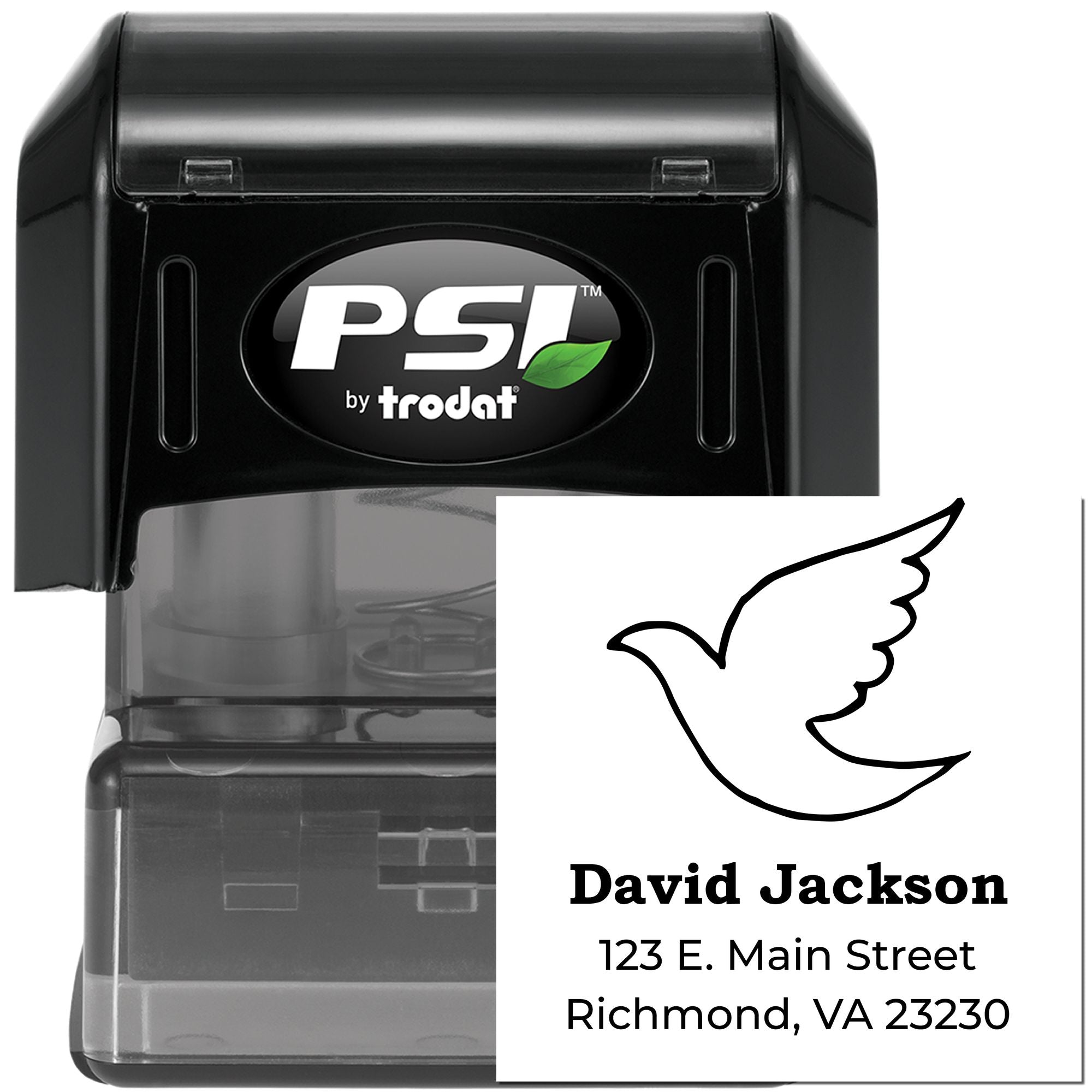 Custom self-inking rubber stamp by PSI Trodat with dove logo and name/address imprint for business mailing.