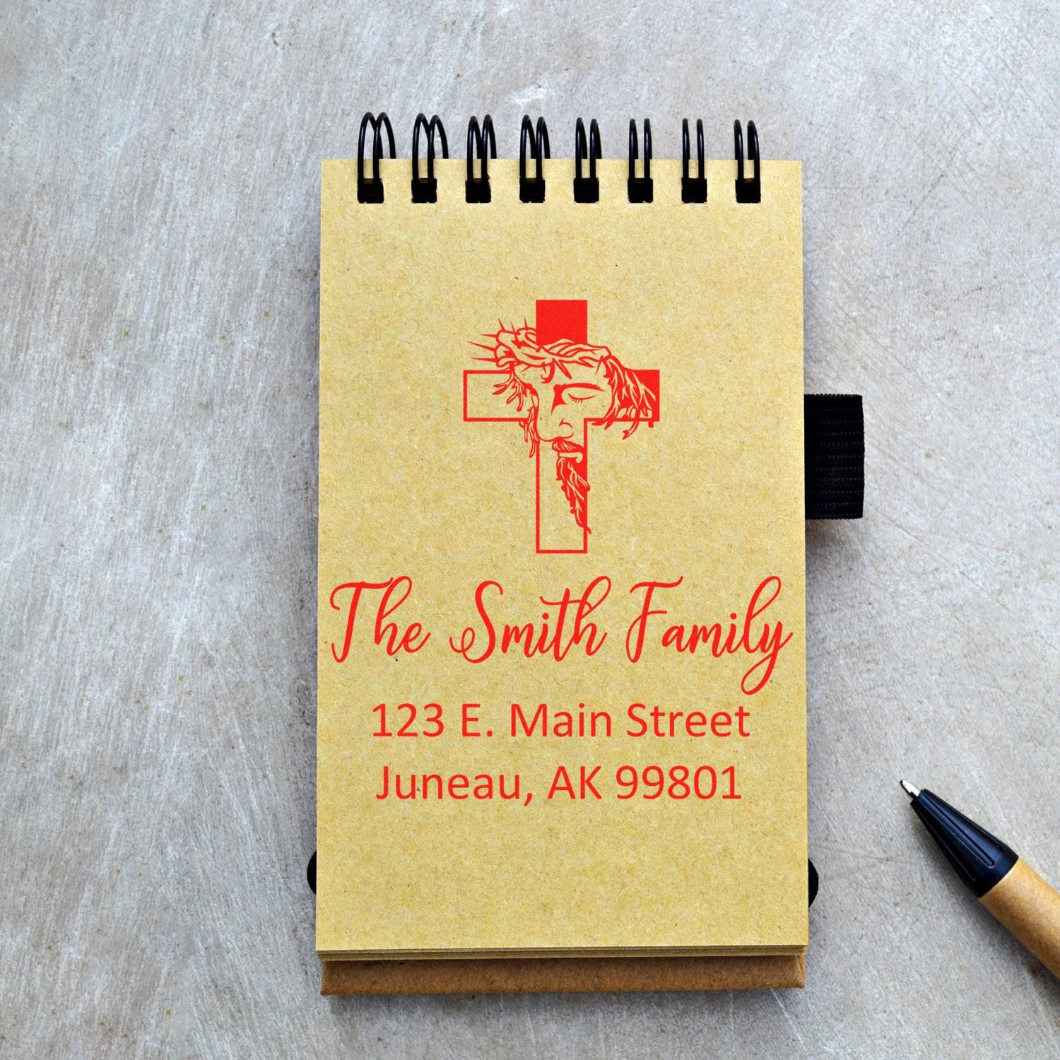 Personalized religious return address rubber stamp with cross design, The Smith Family, and Juneau, AK address.