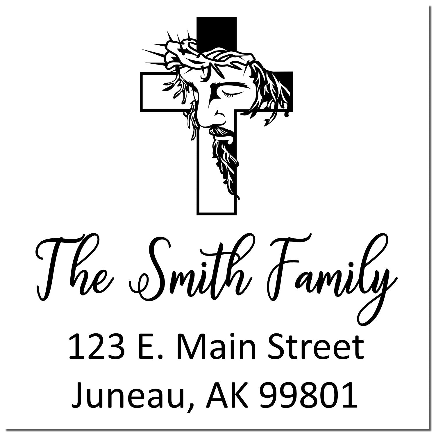 Personalized Christian return address rubber stamp with Jesus cross design for The Smith Family, 123 E. Main Street, Juneau, AK 99801