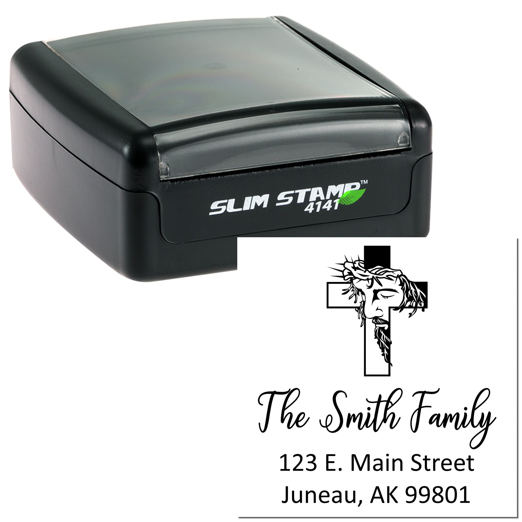 Custom self-inking return address rubber stamp with cross design, The Smith Family name, and mailing address.