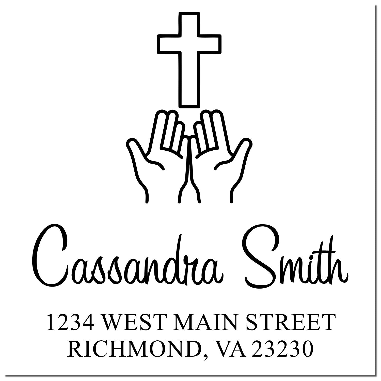 Christian return address rubber stamp with cross and praying hands for Cassandra Smith, Richmond, VA 23230.
