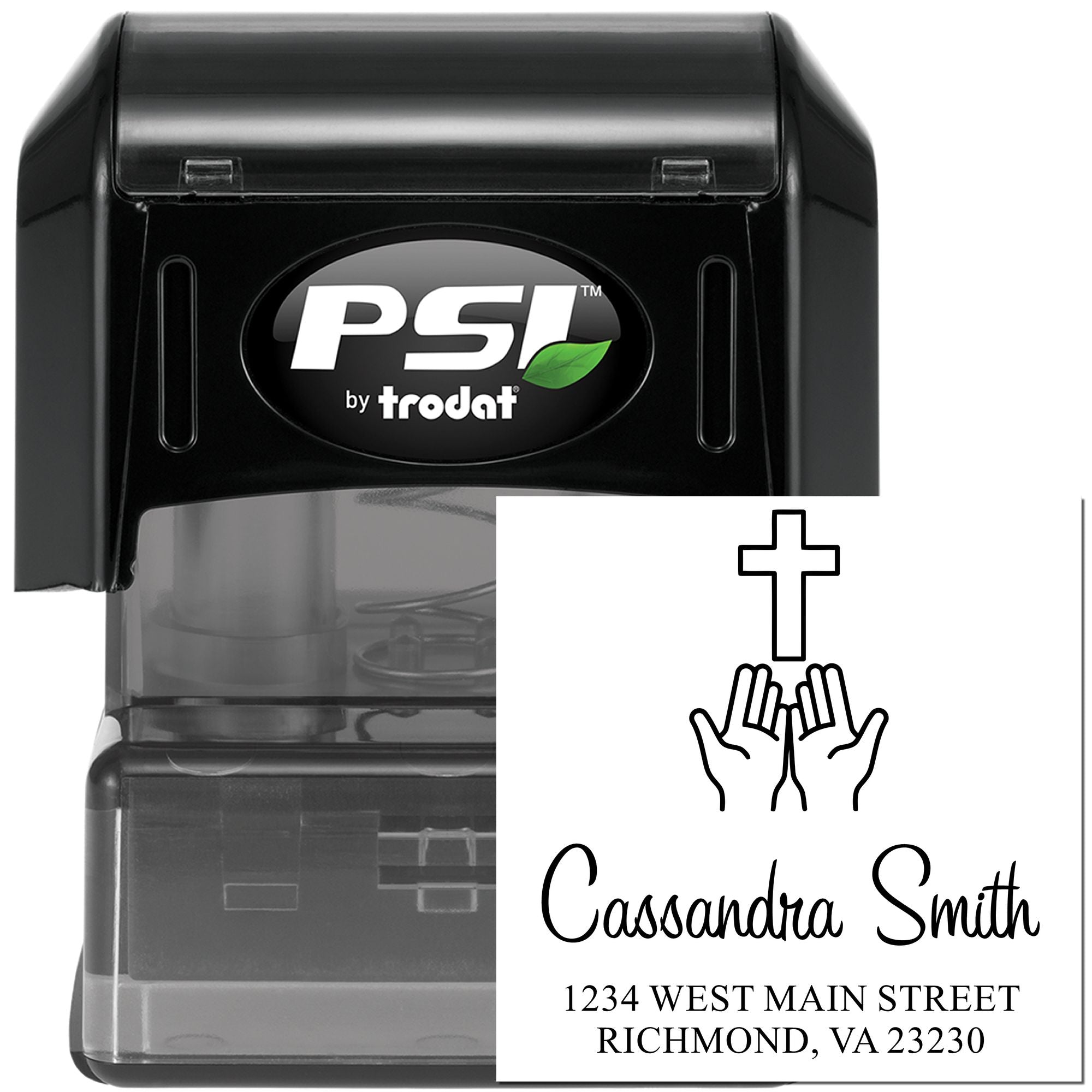 Custom self-inking rubber stamp with cross and prayer hands, personalized for Cassandra Smith with name and address.