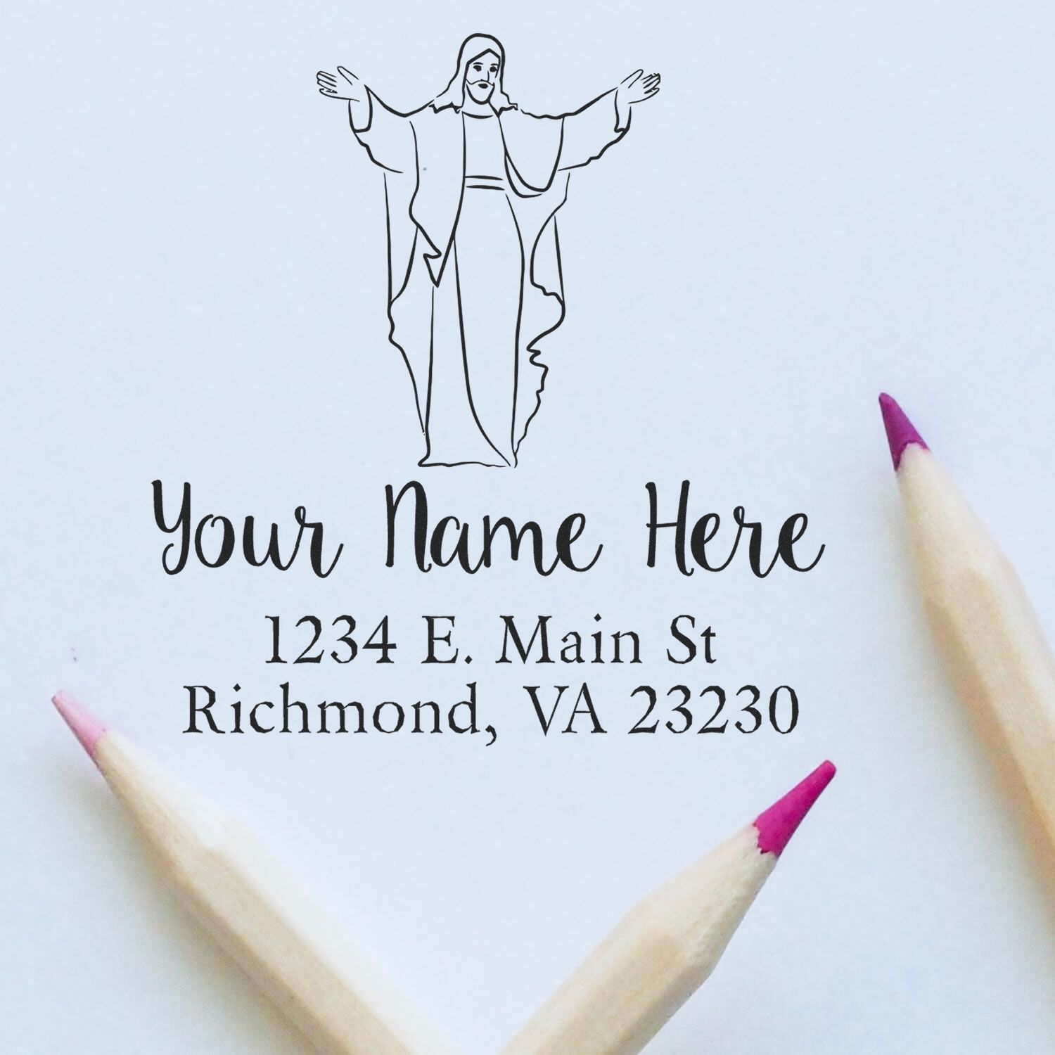 Custom rubber address stamp with Jesus illustration, personalized name and Richmond VA address for church or faith-based stationery.