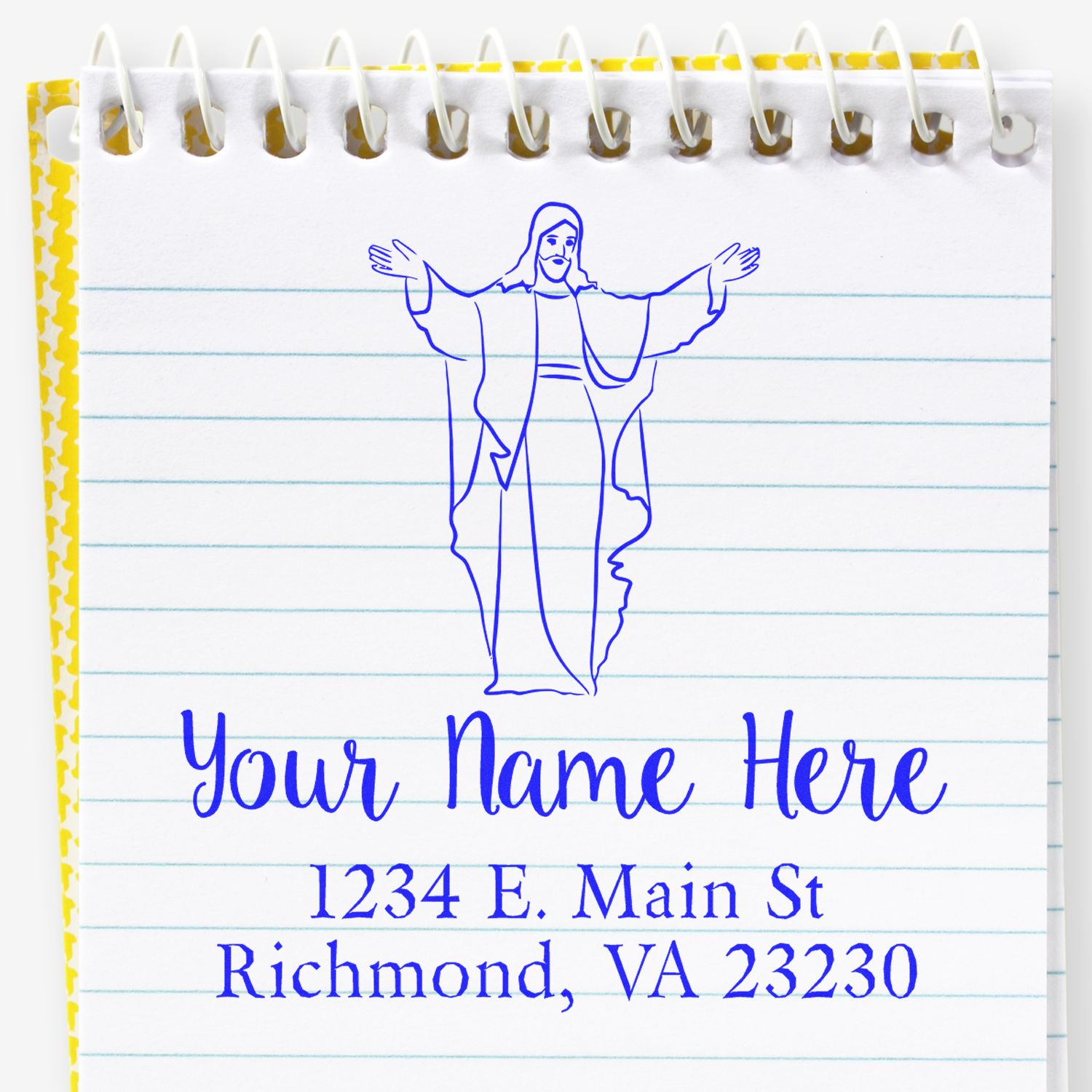 Custom rubber address stamp with Jesus illustration and personalized return address for church stationery.