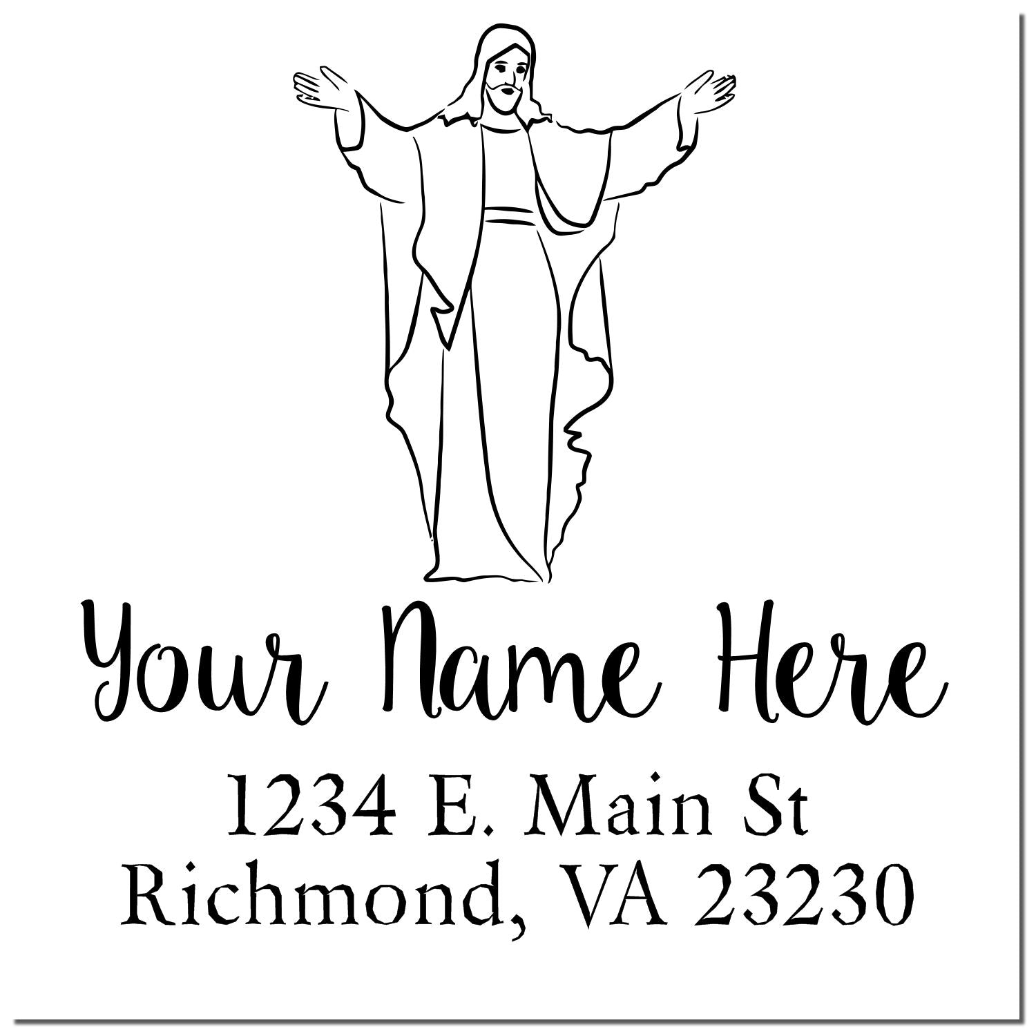 Custom Christian return address rubber stamp with Jesus illustration, name line, and address in handwritten and serif fonts.