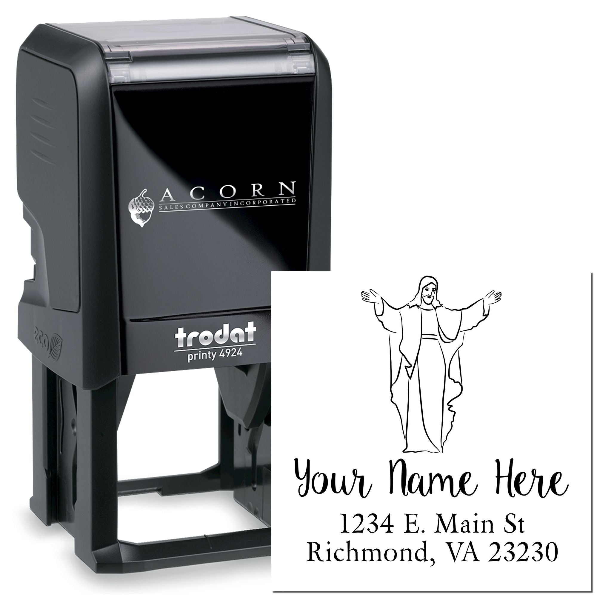 Custom self-inking rubber stamp with religious figure design and personalized name and address, Trodat Printy 4924 address stamp