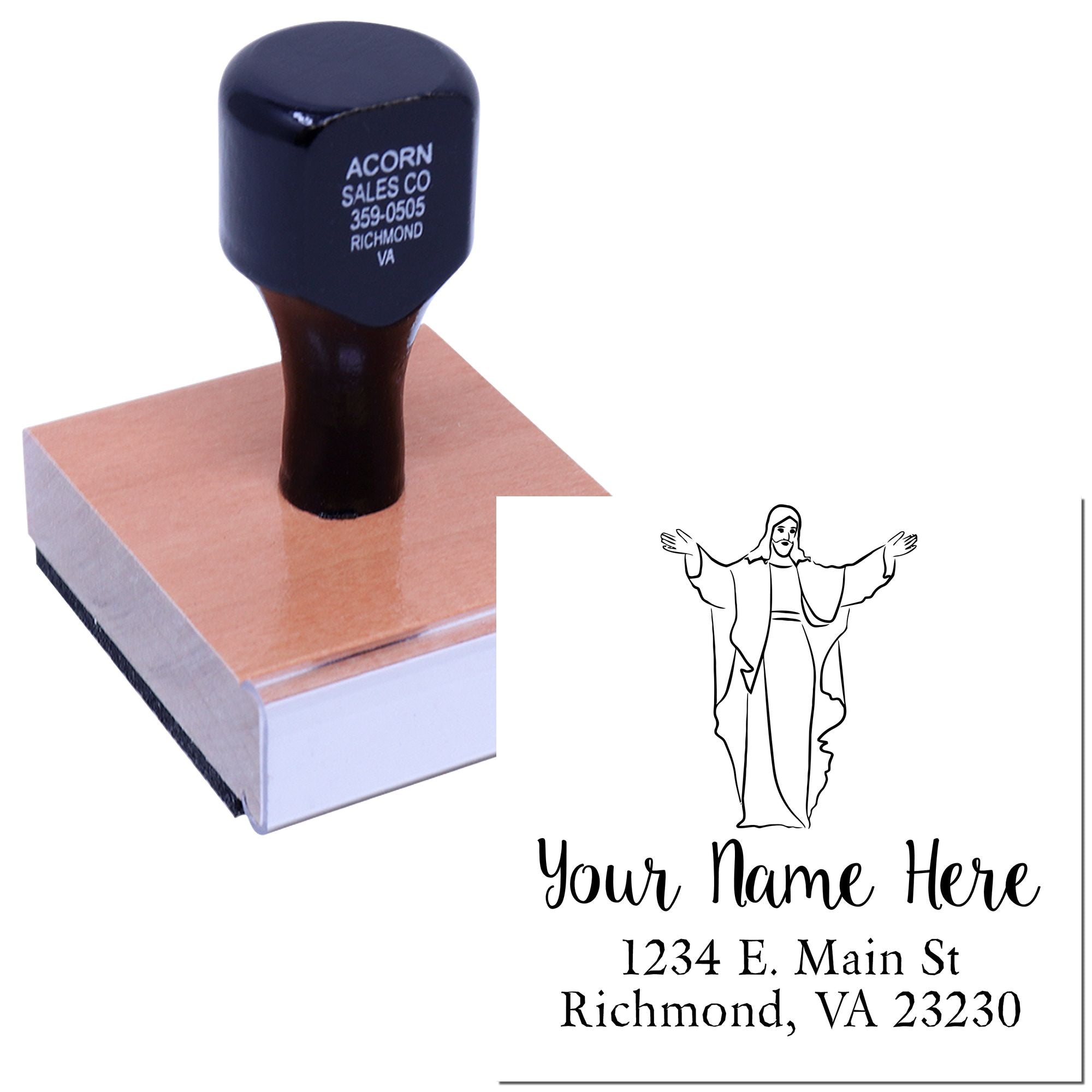 Custom return address rubber stamp with religious figure, personalized name, and Richmond, VA address.