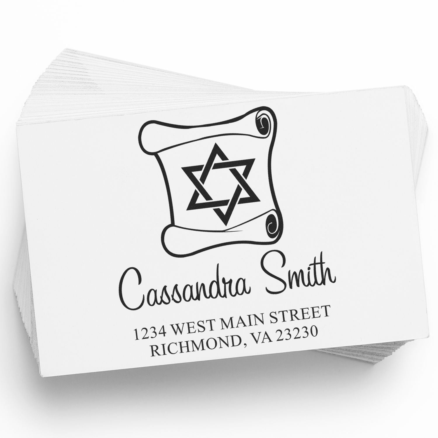 Custom rubber stamp with Star of David design, personalized name, and Richmond VA address for stationery or business use.