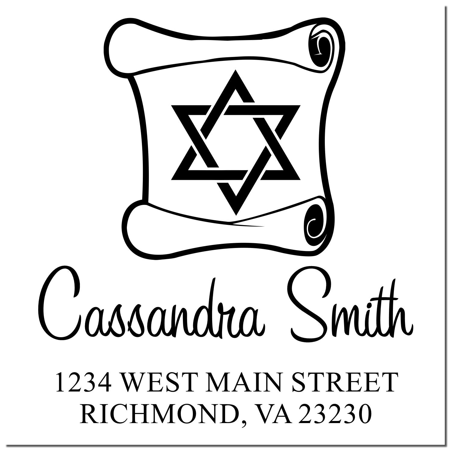 Personalized return address rubber stamp with Star of David, Cassandra Smith, and 1234 West Main Street, Richmond, VA 23230.