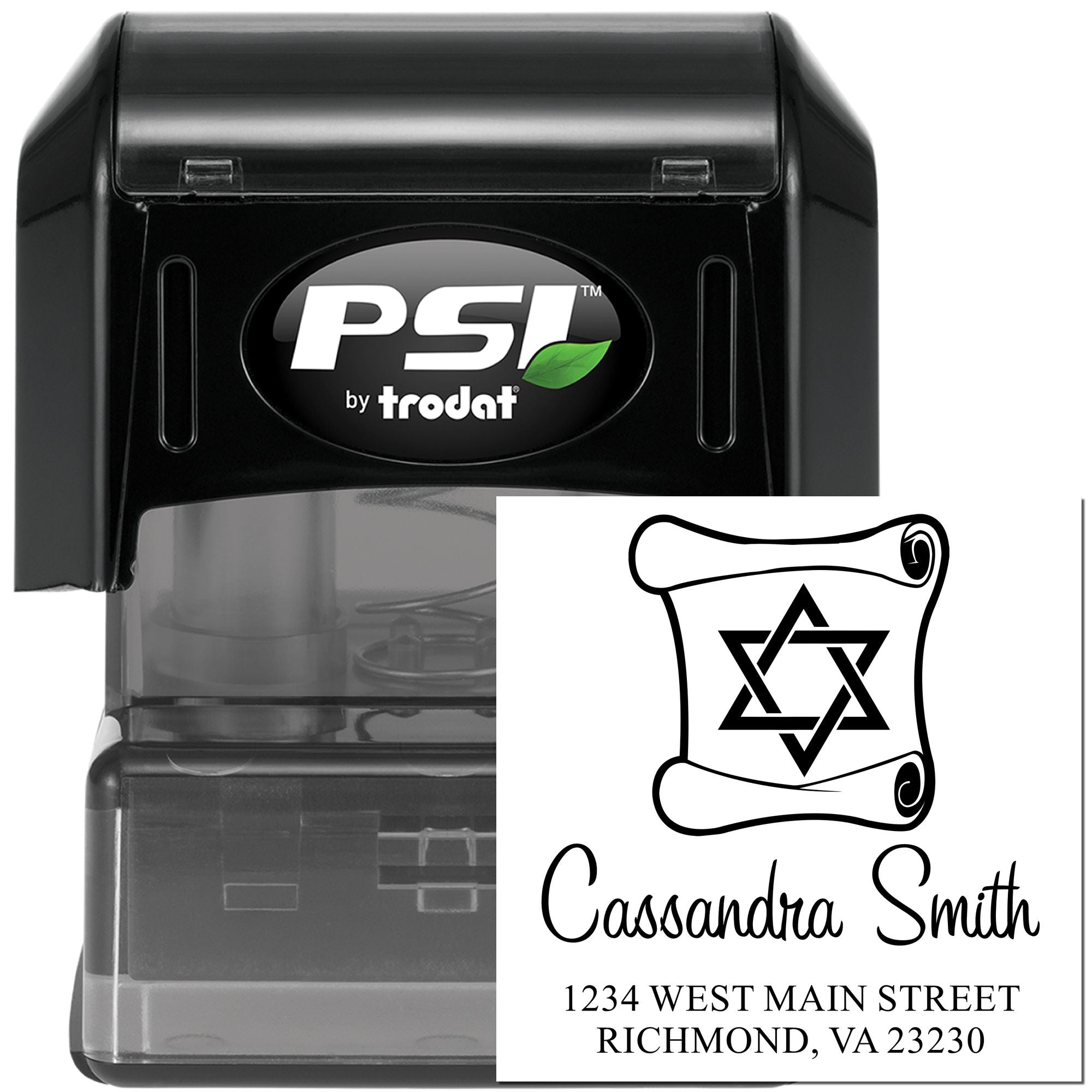 Personalized self-inking return address rubber stamp with Star of David design for Cassandra Smith.