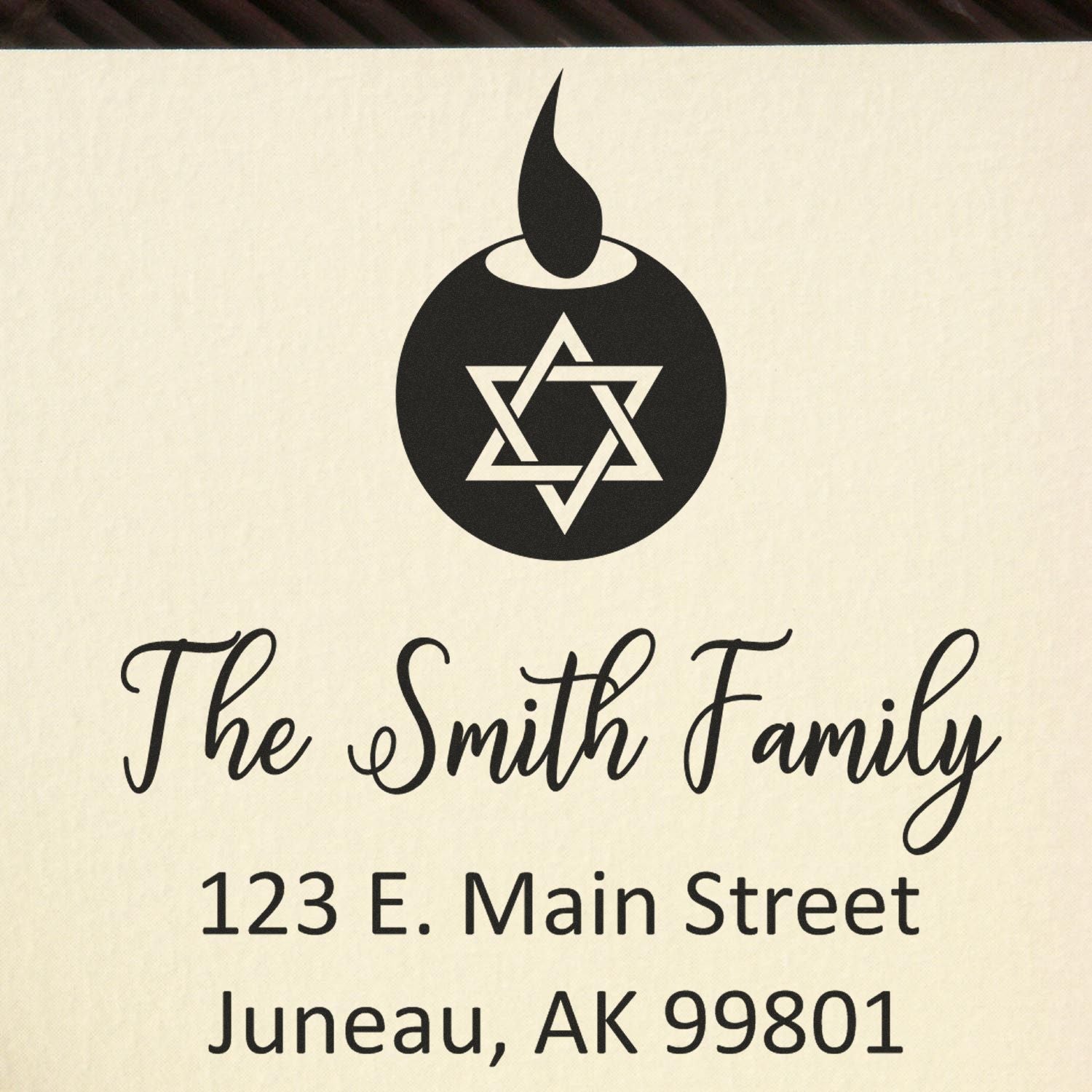 Custom rubber stamp with Star of David candle design, The Smith Family return address, Juneau, AK 99801.