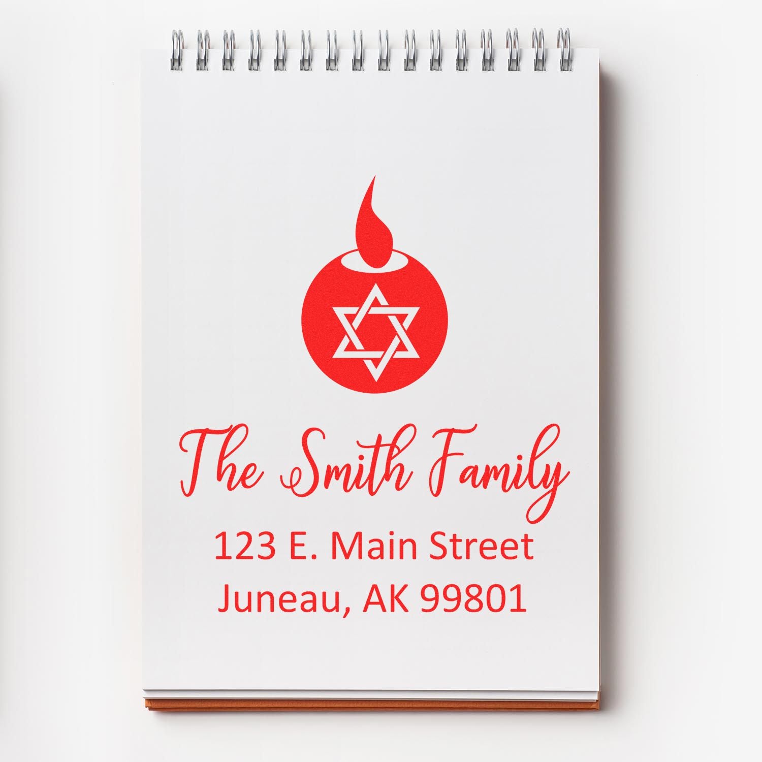 Custom Jewish-themed return address rubber stamp for The Smith Family, Juneau, AK.