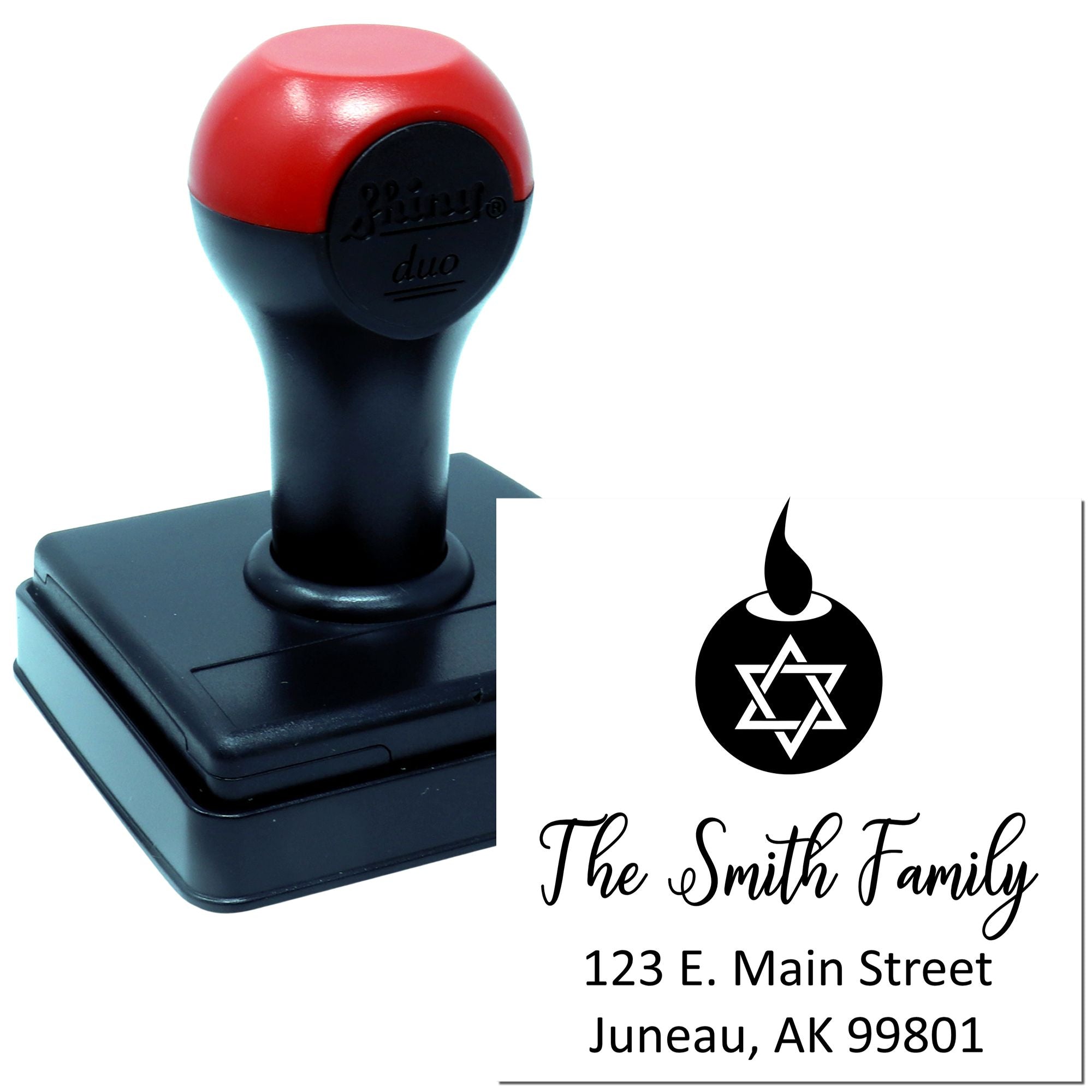Custom self-inking rubber stamp with Star of David and return address, personalized for The Smith Family.