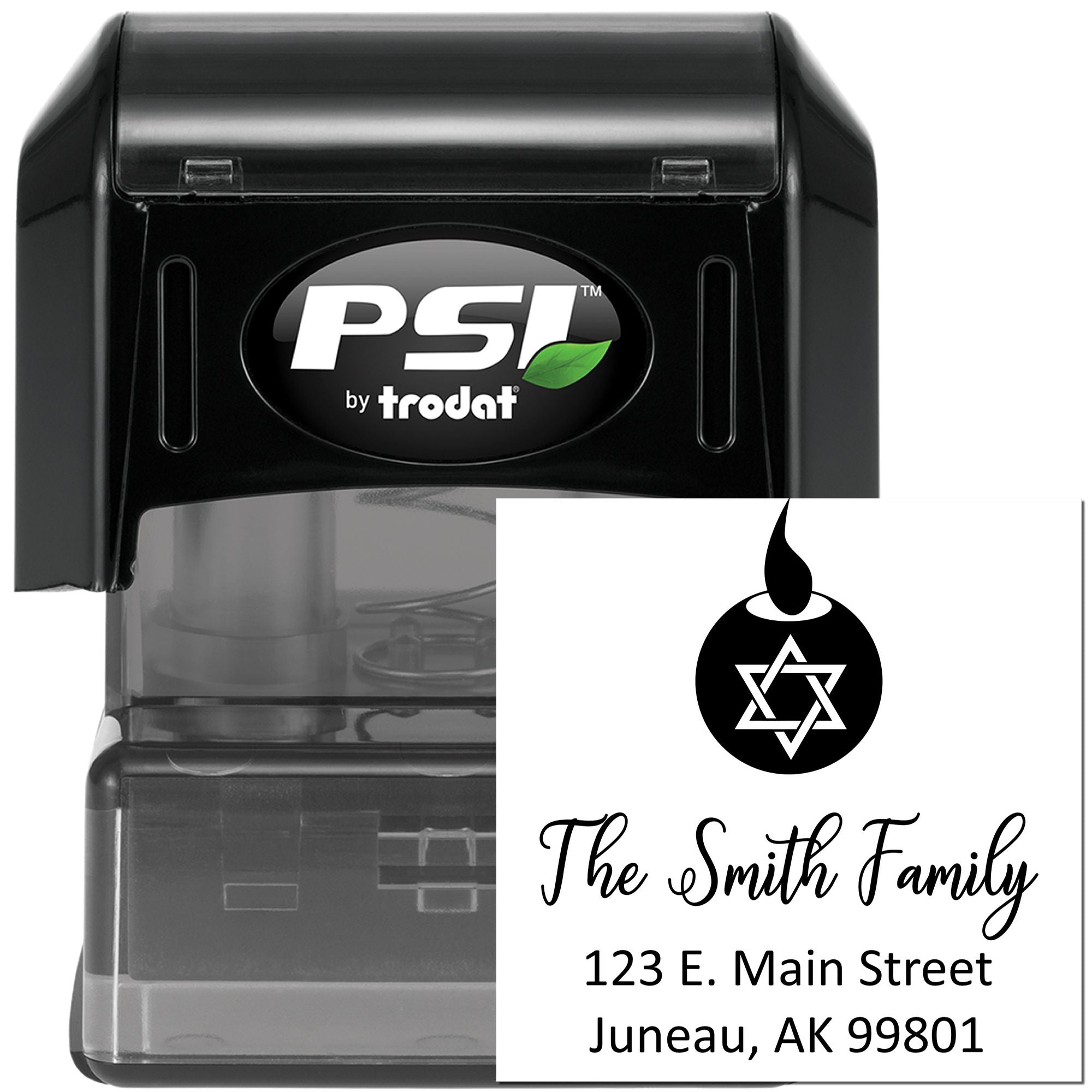 Self-inking custom address rubber stamp by Trodat PSI with family name, symbol, and return mailing address.