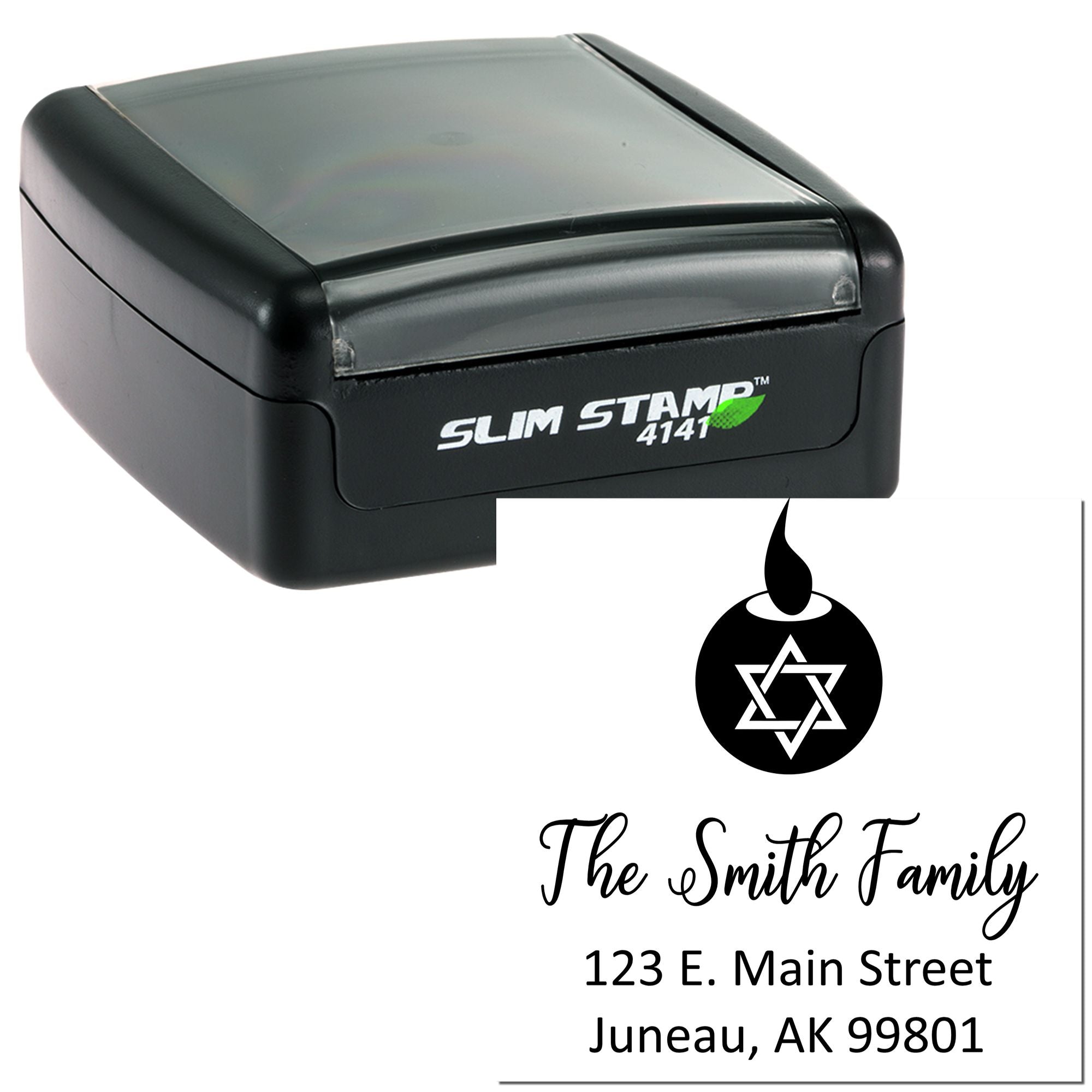 Custom self-inking rubber stamp with Star of David family name and address design for personalized mailings