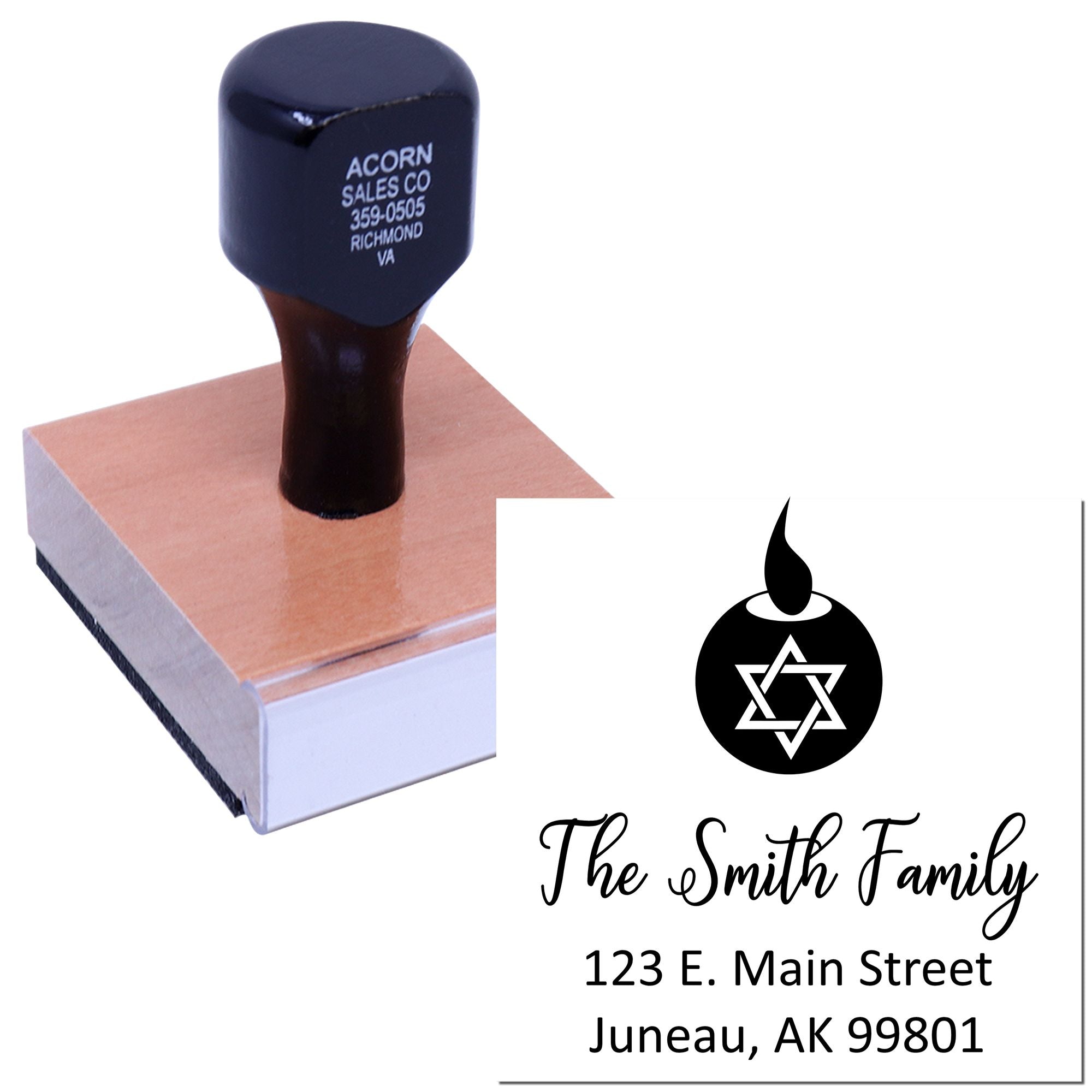 Custom family return address rubber stamp with Star of David design, name, and mailing address for envelopes.