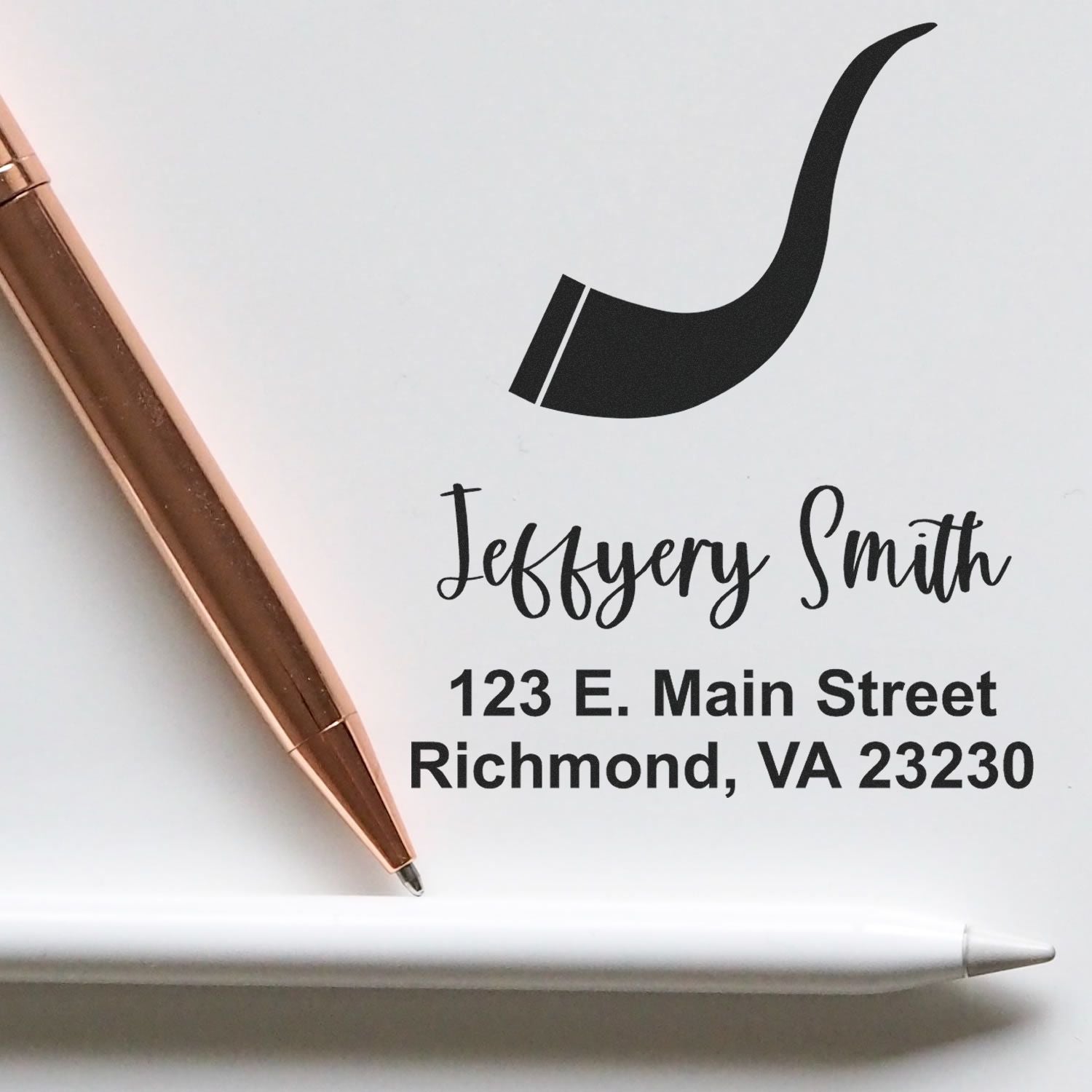 Custom return address rubber stamp with Jeffery Smith name and Richmond, VA 23230 address.