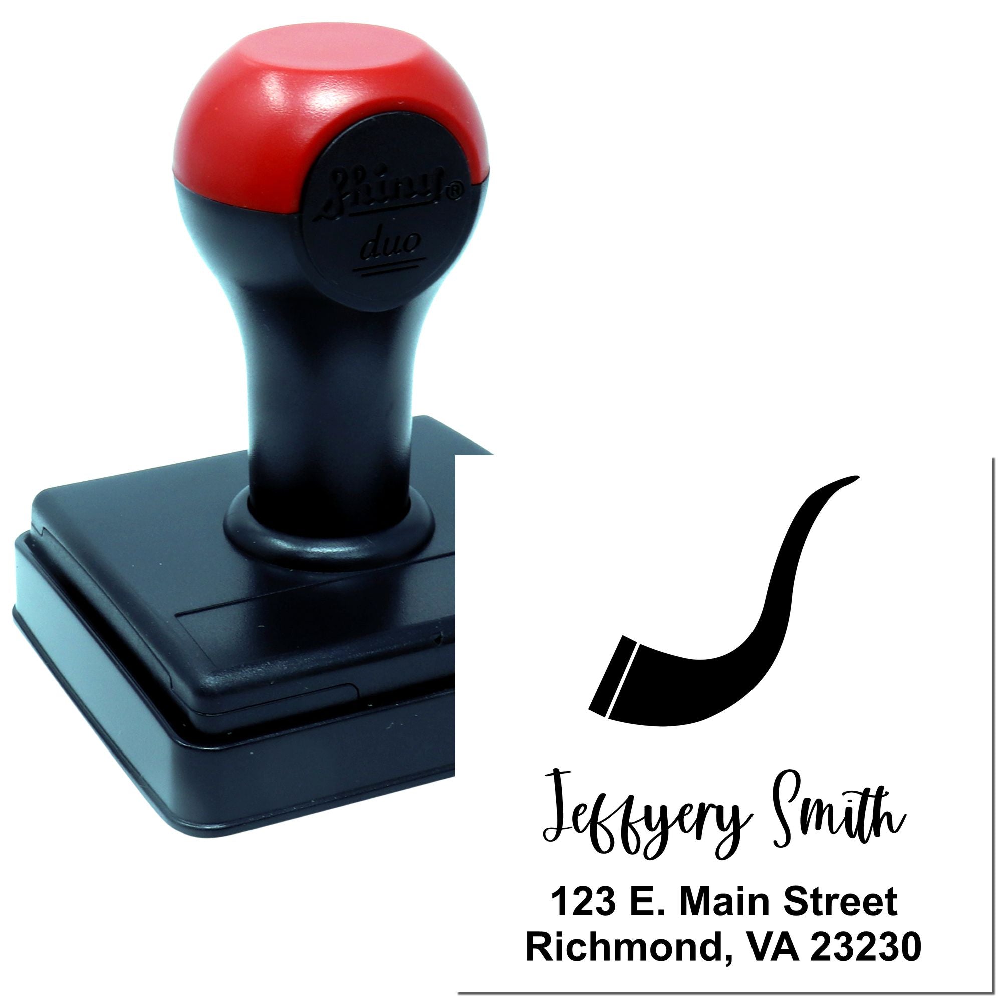 Custom self-inking rubber address stamp with name, logo initial, and Richmond VA return address.