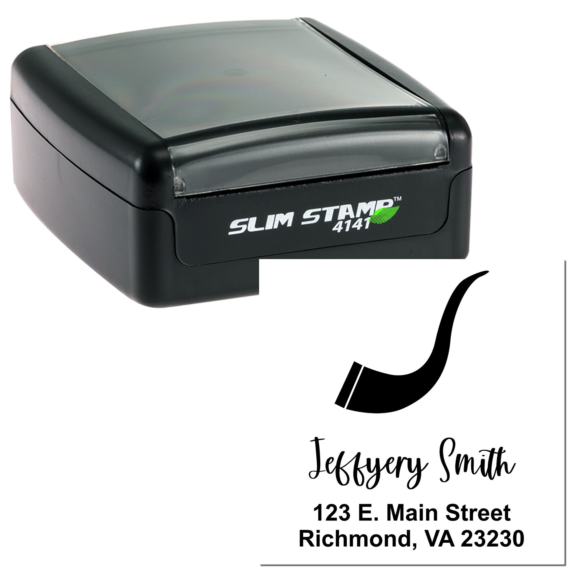 Custom slim self-inking rubber stamp with return address imprint for Jeffery Smith, 123 E. Main Street, Richmond, VA 23230