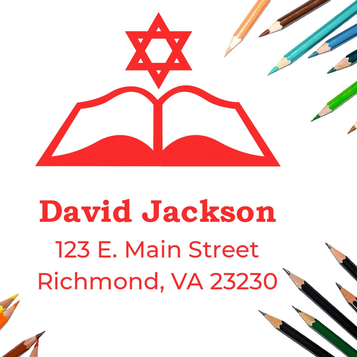 Custom rubber address stamp with Star of David, open book icon, and pencil border for Jewish school stationery.
