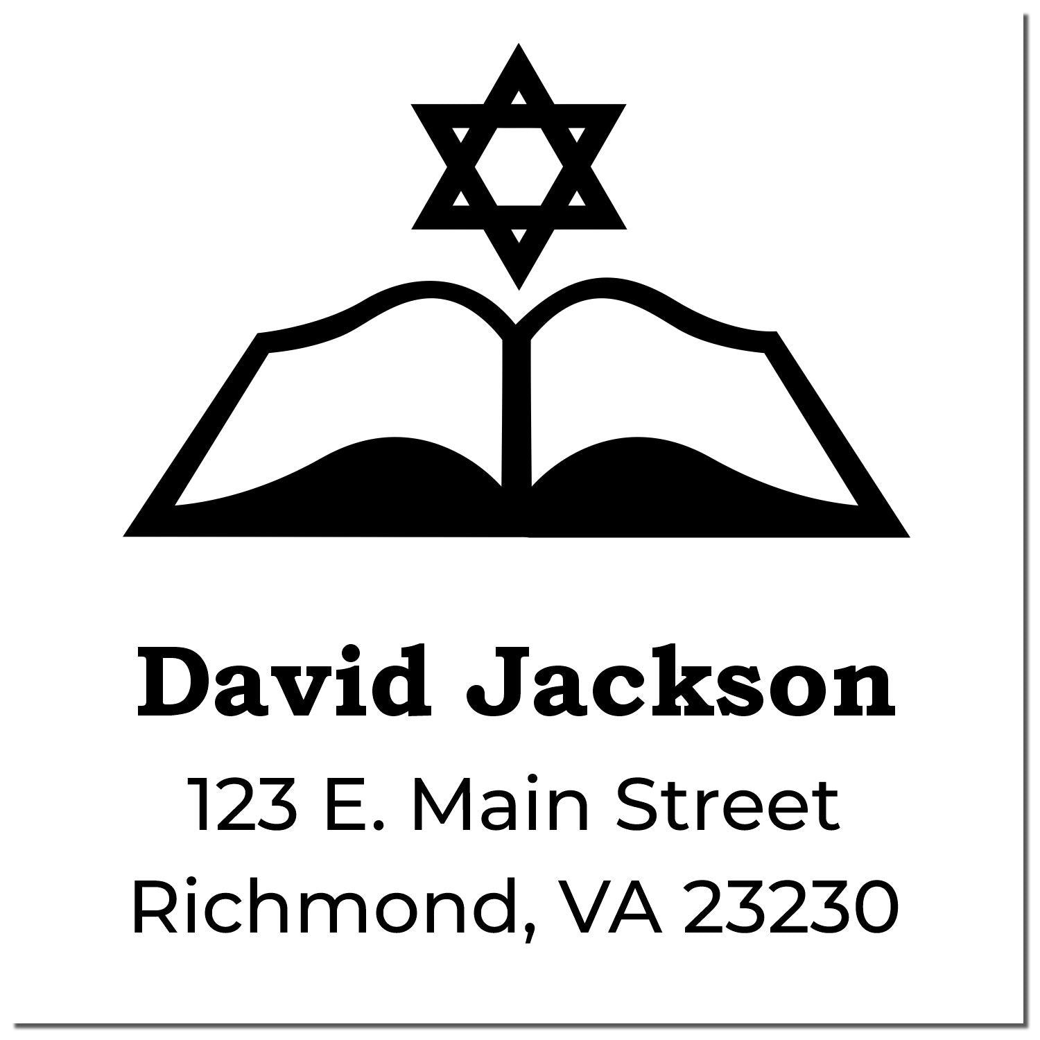 Custom return address rubber stamp with Star of David, open book, and David Jackson, 123 E. Main Street, Richmond, VA 23230.
