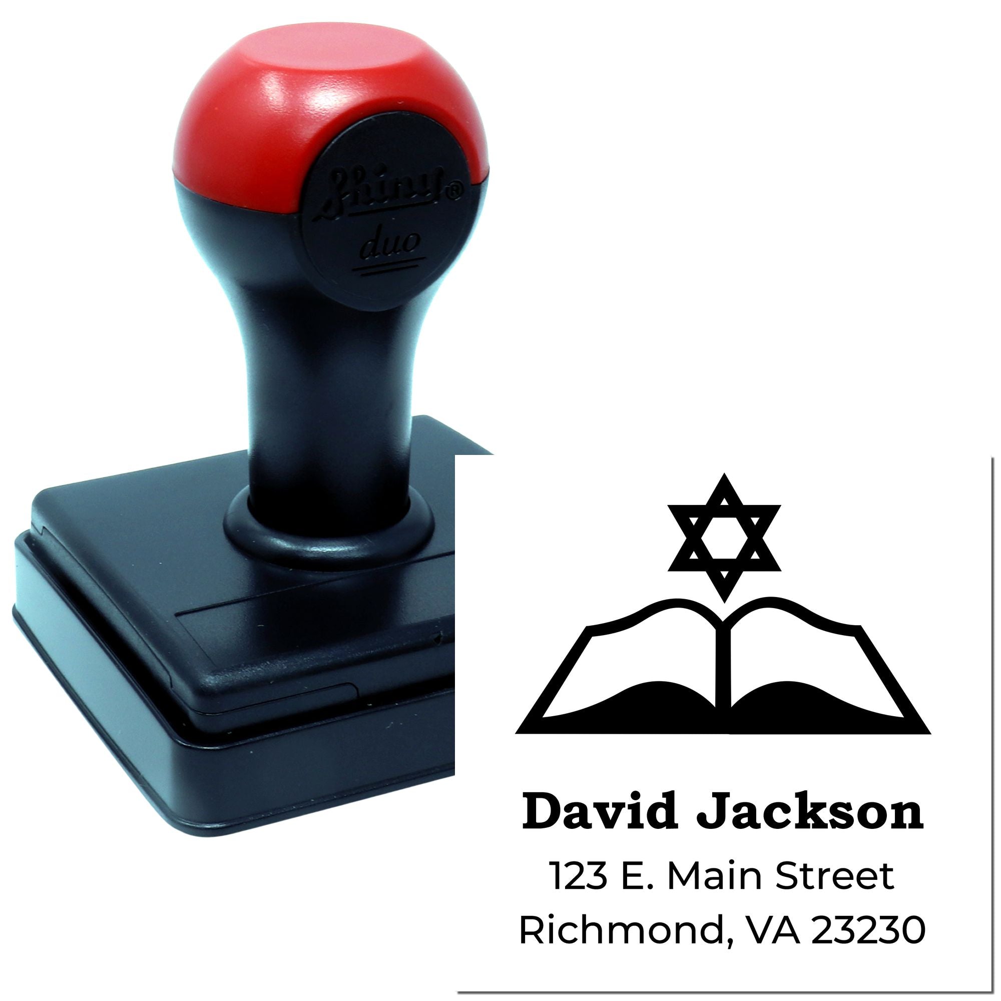 Custom self-inking address stamp with Star of David logo, David Jackson name, and return mailing address.