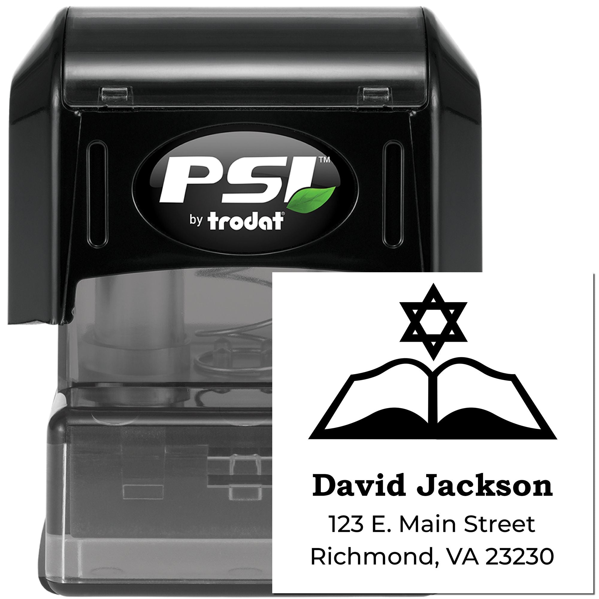 Custom self-inking rubber return address stamp with Star of David for David Jackson, Richmond, VA.