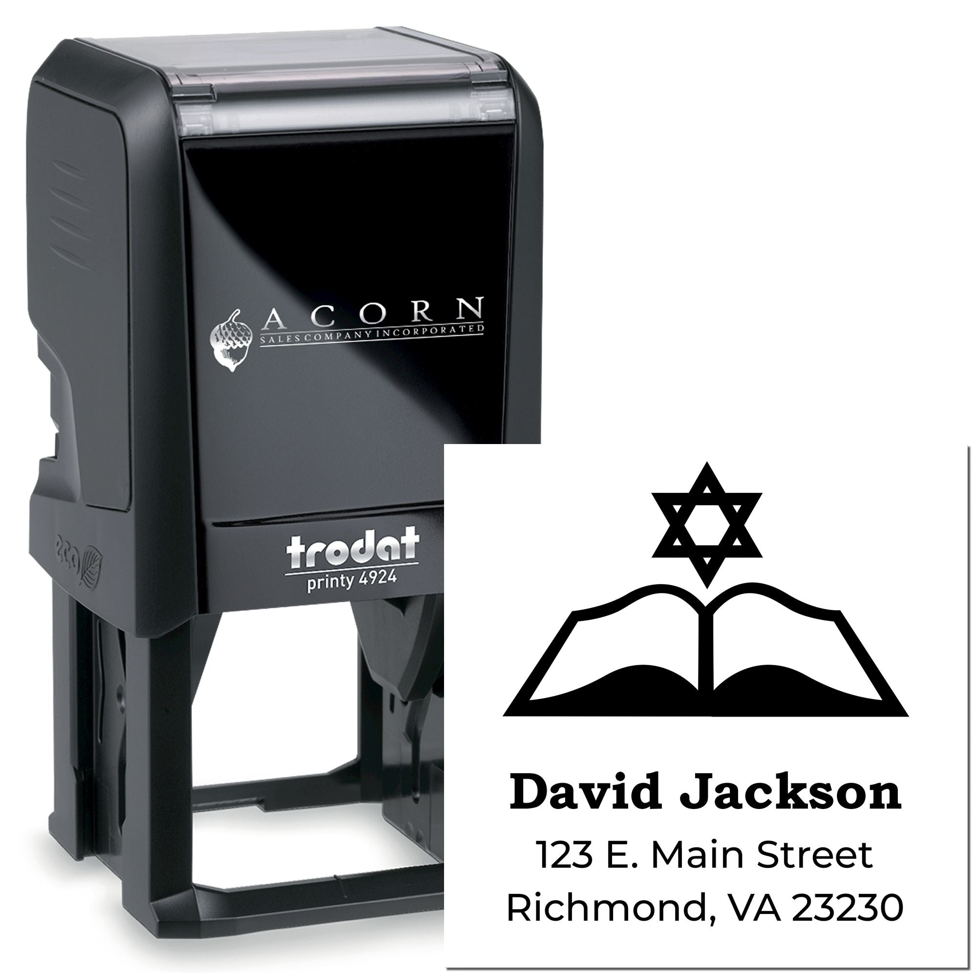 Custom self-inking rubber stamp with Star of David, name, and address for personalized Jewish home or business use
