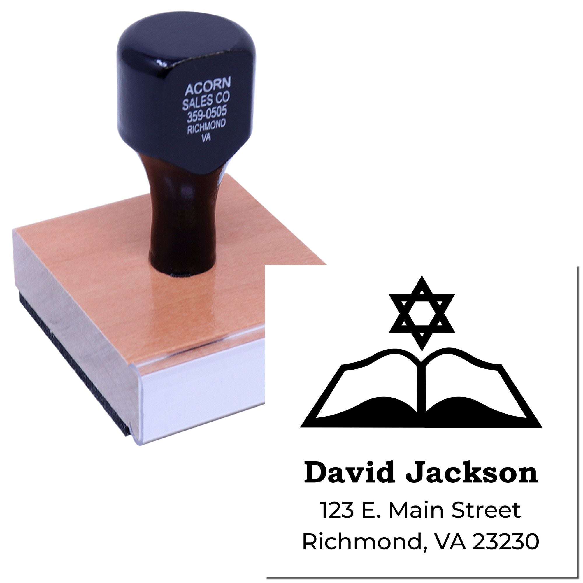 Custom return address rubber stamp with Star of David, David Jackson, Richmond VA address.