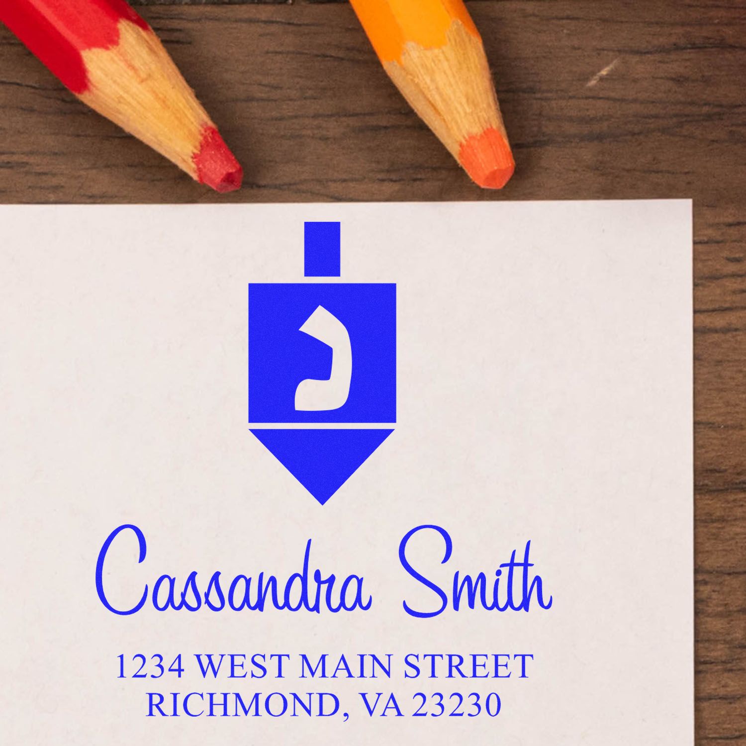 Custom return address rubber stamp impression for Cassandra Smith with Richmond, VA address on stationery