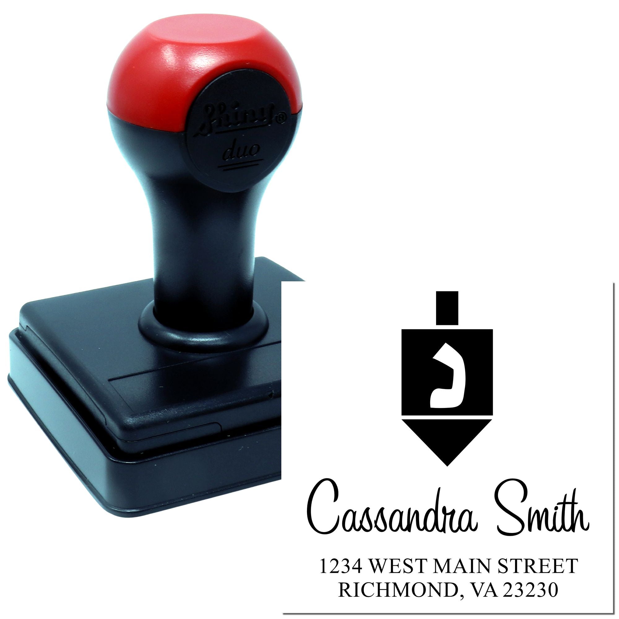 Custom self-inking address rubber stamp for quick return mailing, featuring personalized name and business address.